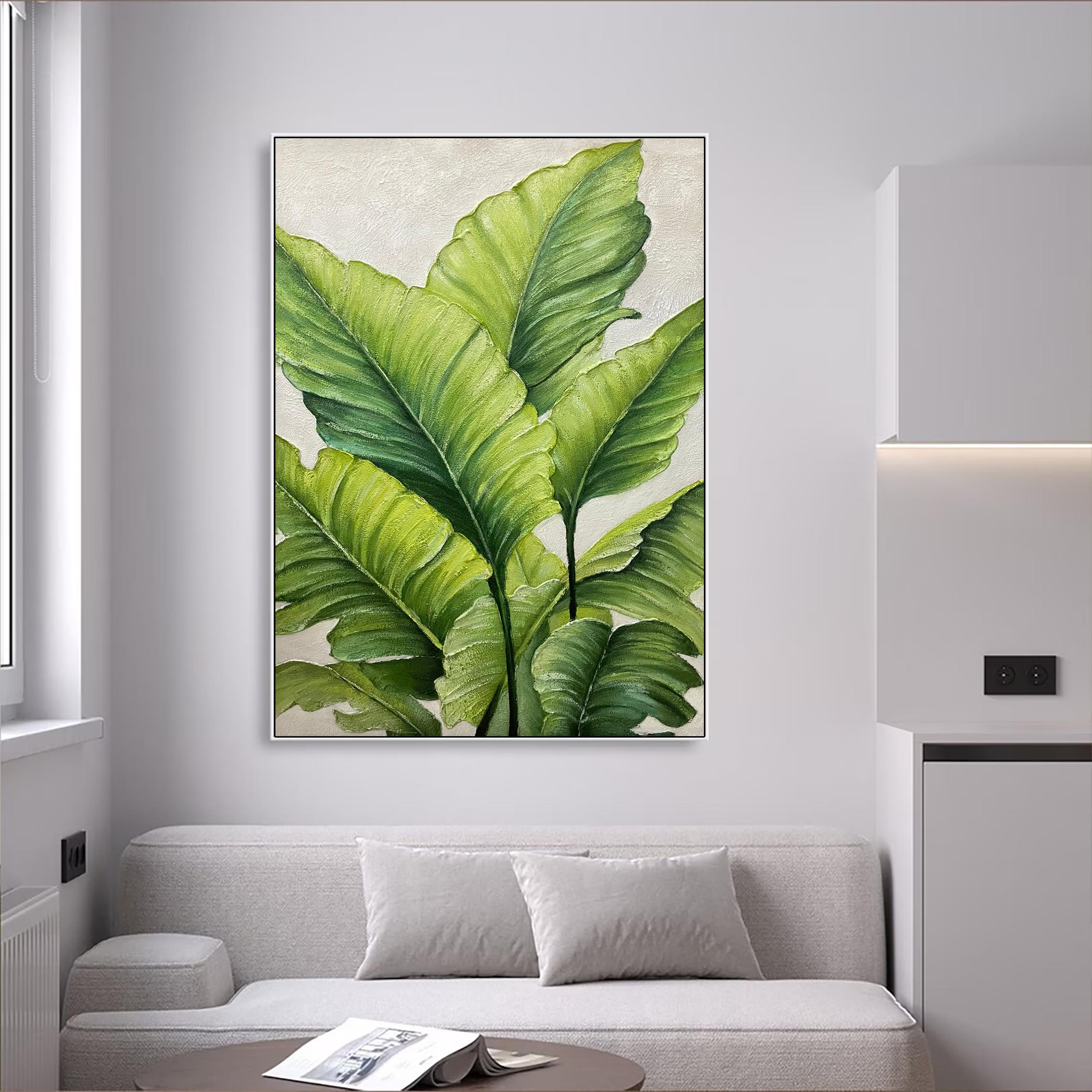 Emerald Breeze – Hand-Painted Emerald Green Tropical Leaf 3D Floral Painting | Tropical Botanical Bedroom & Dining Room Art