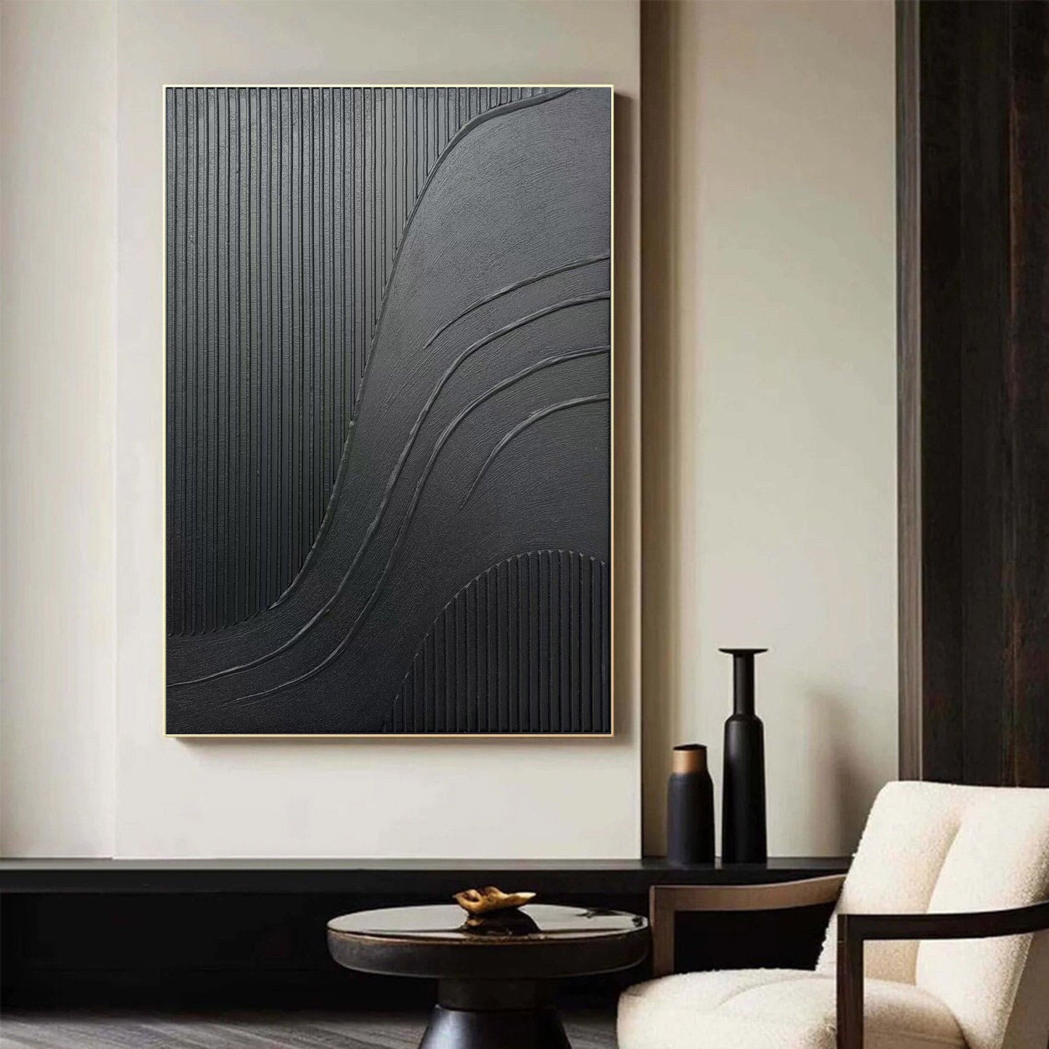 Obsidian Flow – Hand-Painted Pure Black Plaster Effect Multi-Layered Relief Wabi-Sabi Painting | Modern Noir Wabi-Sabi Living Room & Home Office Art
