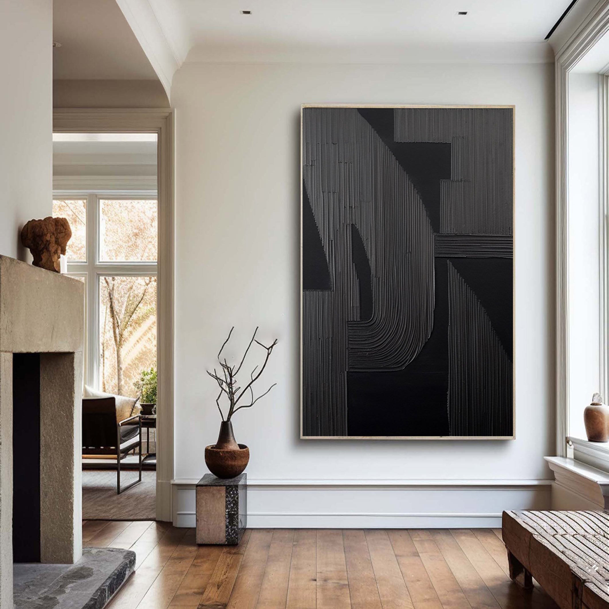 Shadow Arch – Hand-Painted Matte Black Fluted Texture 3D Relief Wabi-Sabi Painting | Japandi Wabi-Sabi Living Room & Bedroom Art