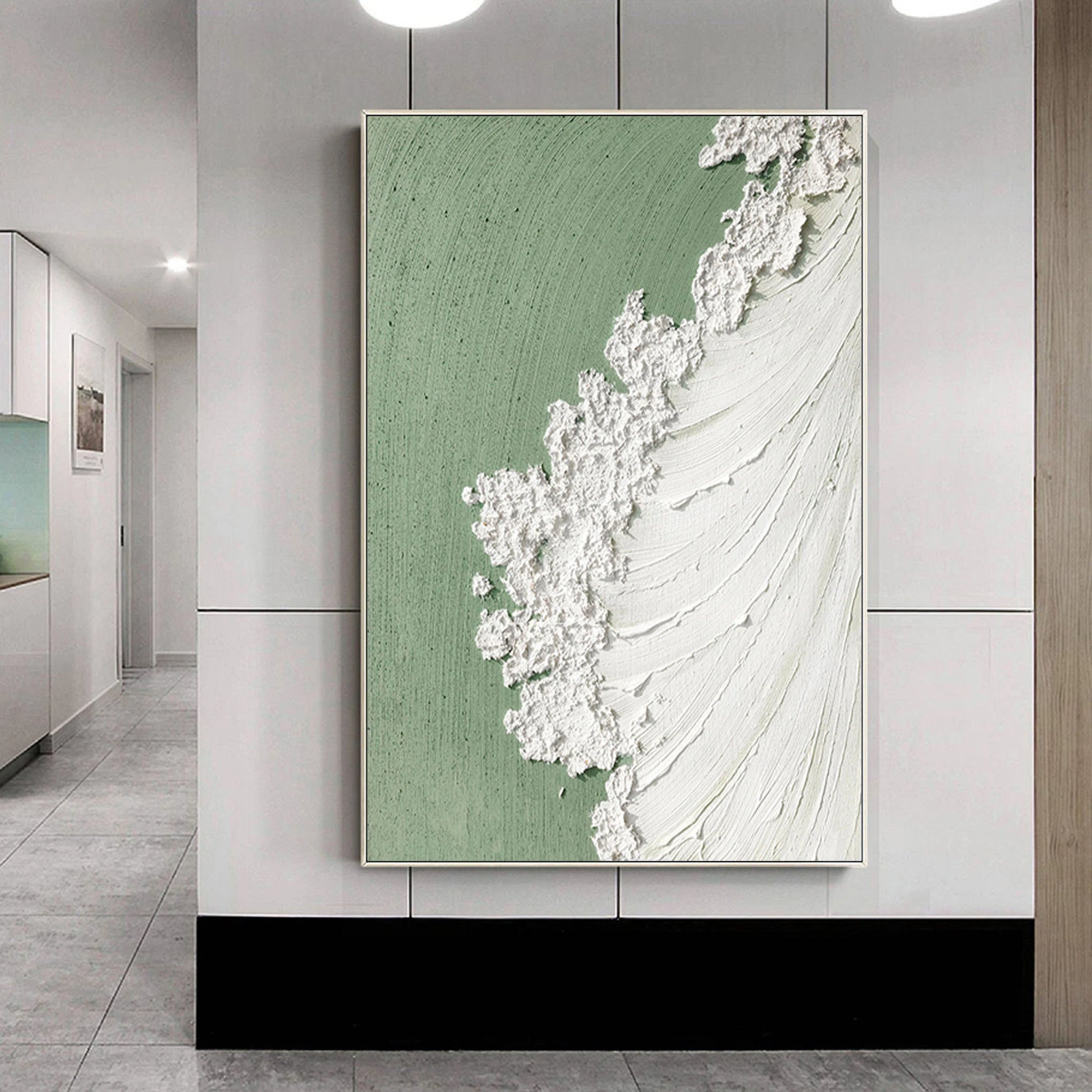Sage Foam – Heavy Texture Ocean Wave Painting | Wabi-sabi Sage Green Abstract Hallway Art