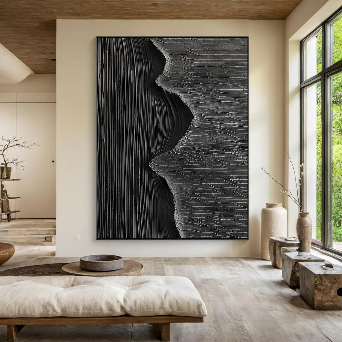 Dark Pulse – Hand-Painted All-Black High-Density Linear Plaster Relief Texture Painting | Modern Industrial Plaster Home Office & Living Room Art