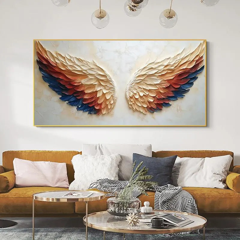 CELESTIAL WINGS: Texture Wall Art, Hand-Painted Navy Blue and Terracotta Angel Wings 3D Relief Plaster Studio Art