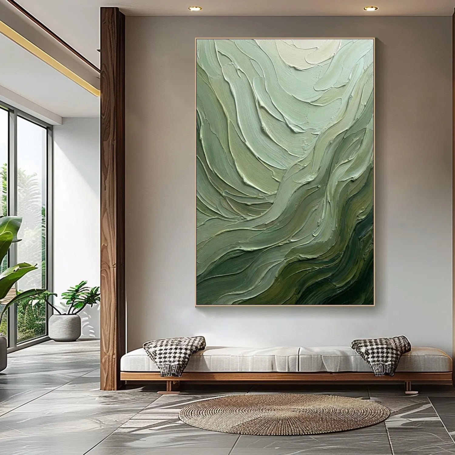 Verdant Flow – Hand-Painted Sage Green and Olive Wave Palette Knife Texture Painting | Modern Abstract Living Room & Office Art