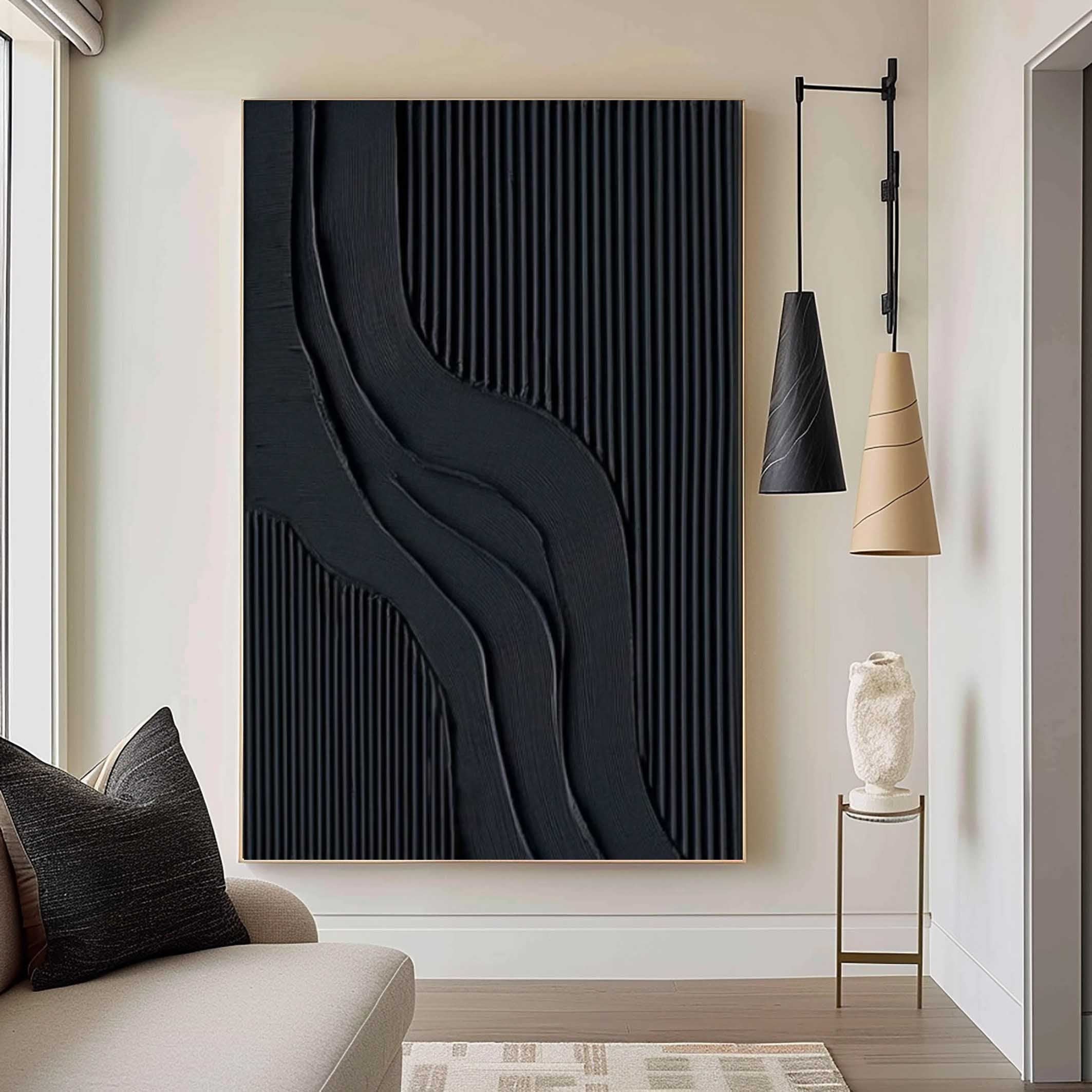 Midnight Strata – Hand-Painted Matte Black Fluted Texture 3D Relief Wabi-Sabi Painting | Japandi Wabi-Sabi Living Room & Bedroom Art