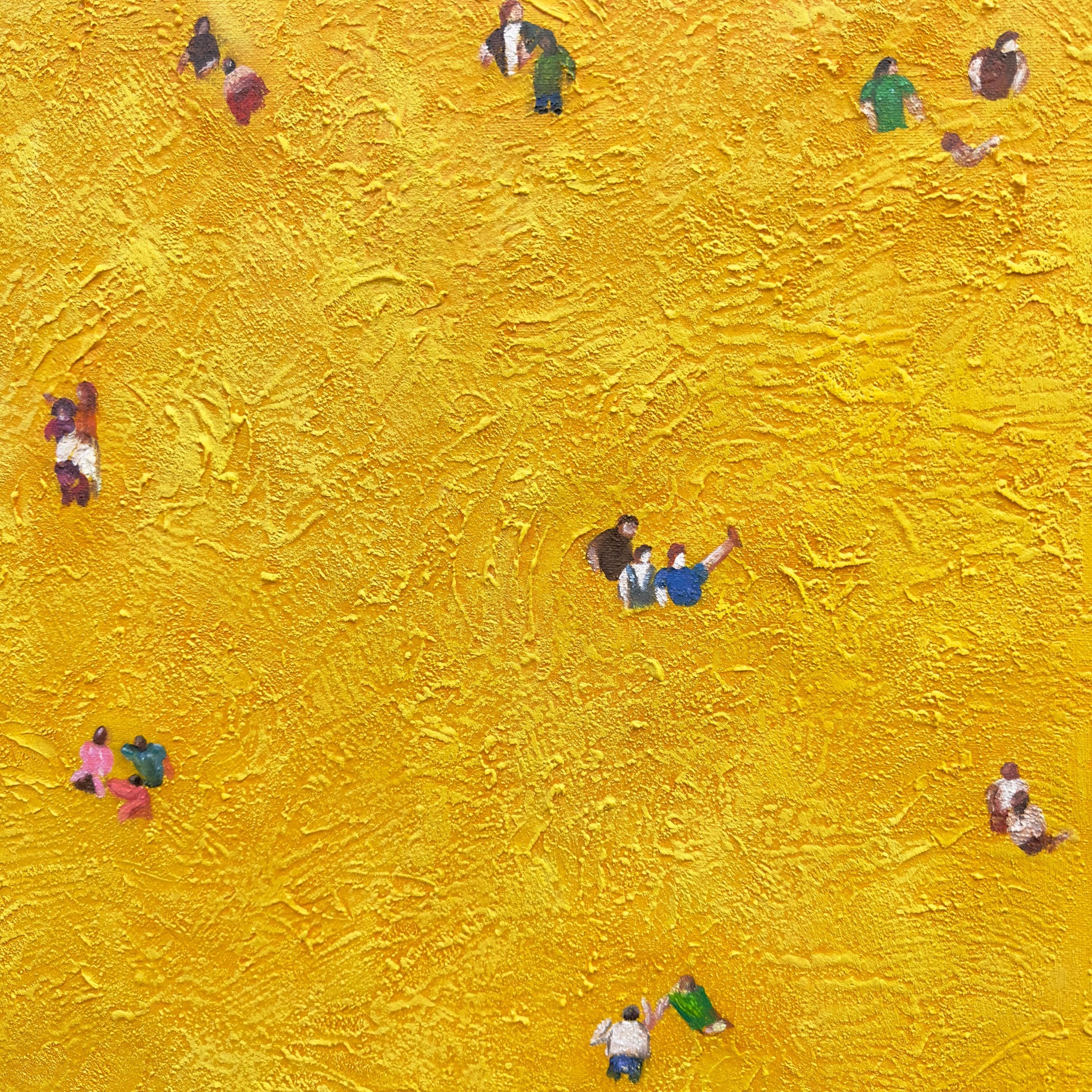Golden Wanderers – Aerial Mustard-Gold Figures Painting | Contemporary Minimalist Living Room Art