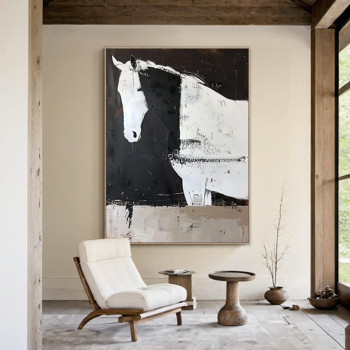 Silent Solitude – Modern Minimalist Black and White Horse Painting | Contemporary Textured Living Room  Art