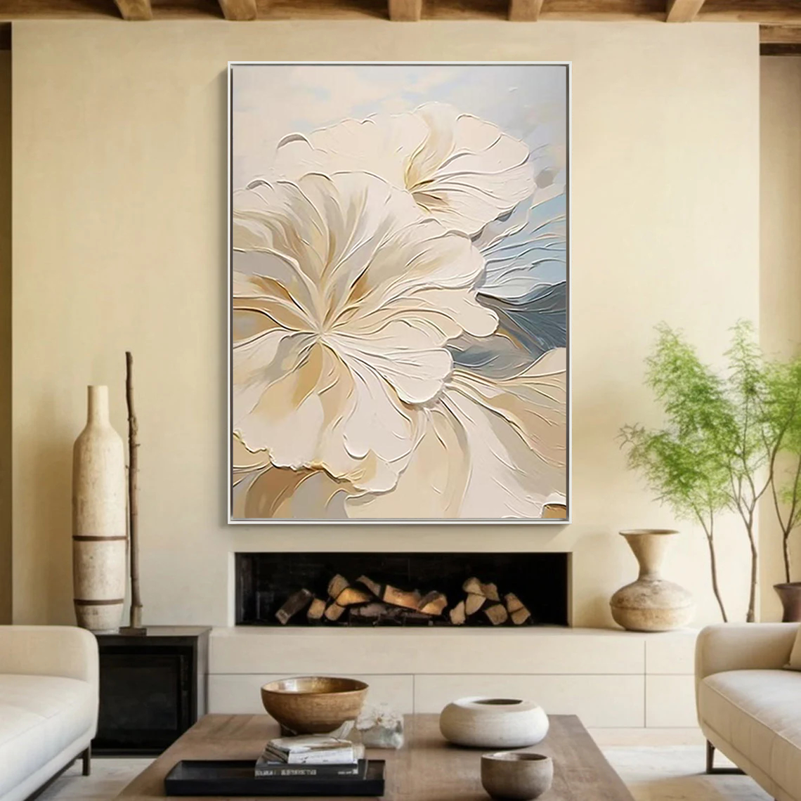 Serenade in Bloom – Modern French Cream Textured Painting | Romantic Blue & Beige Floral Bedroom Art