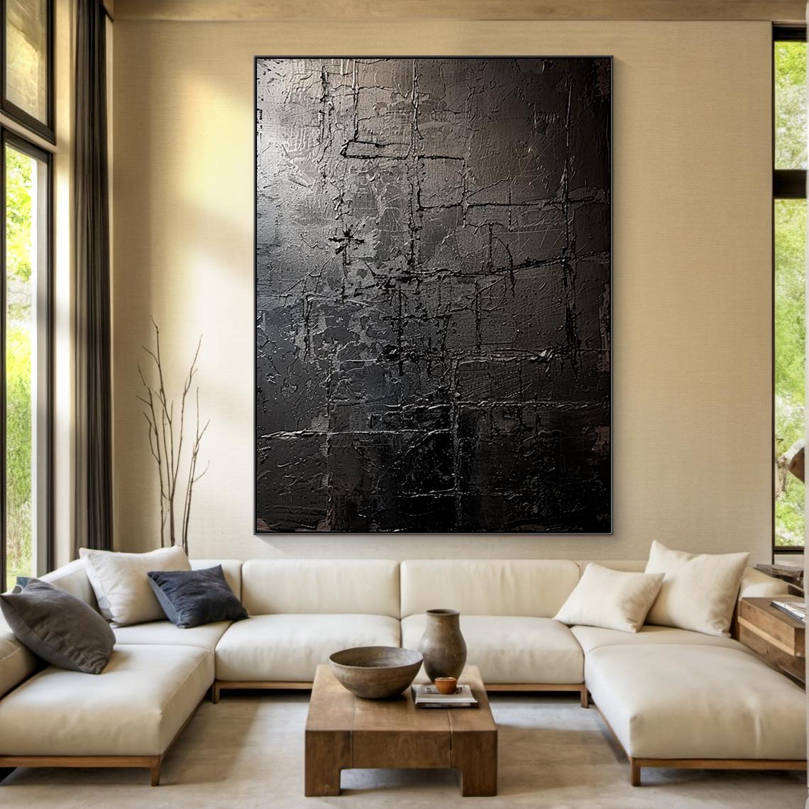 Charcoal Vestige – Hand-Painted Distressed Black Plaster Relief Wabi-Sabi Painting | Modern Noir Wabi-Sabi Living Room & Home Office Art