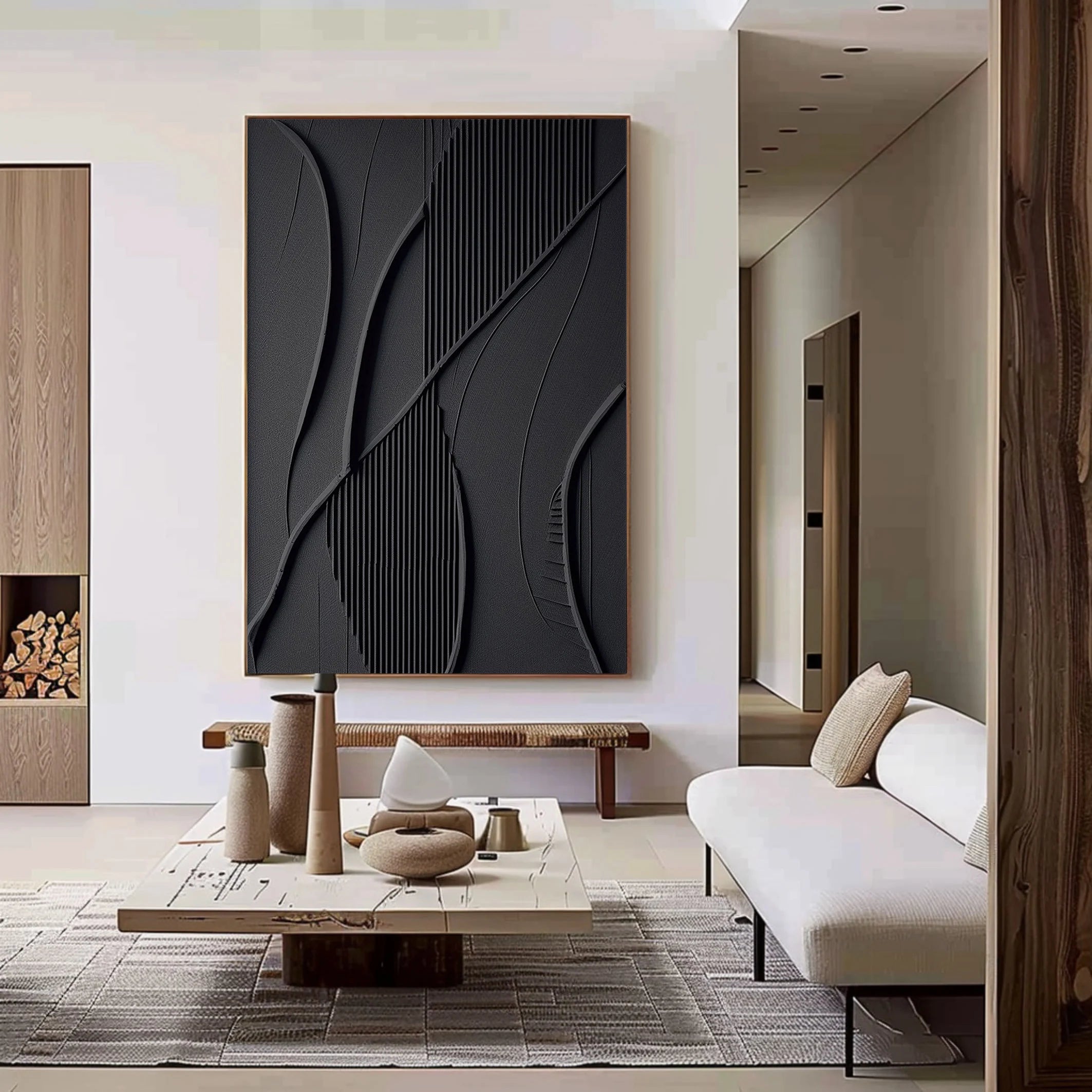 Onyx Veins – Hand-Painted Matte Black Intertwined Fluid Lines Fluted Texture Relief Wabi-Sabi Painting | Japandi Wabi-Sabi Living Room & Bedroom Art
