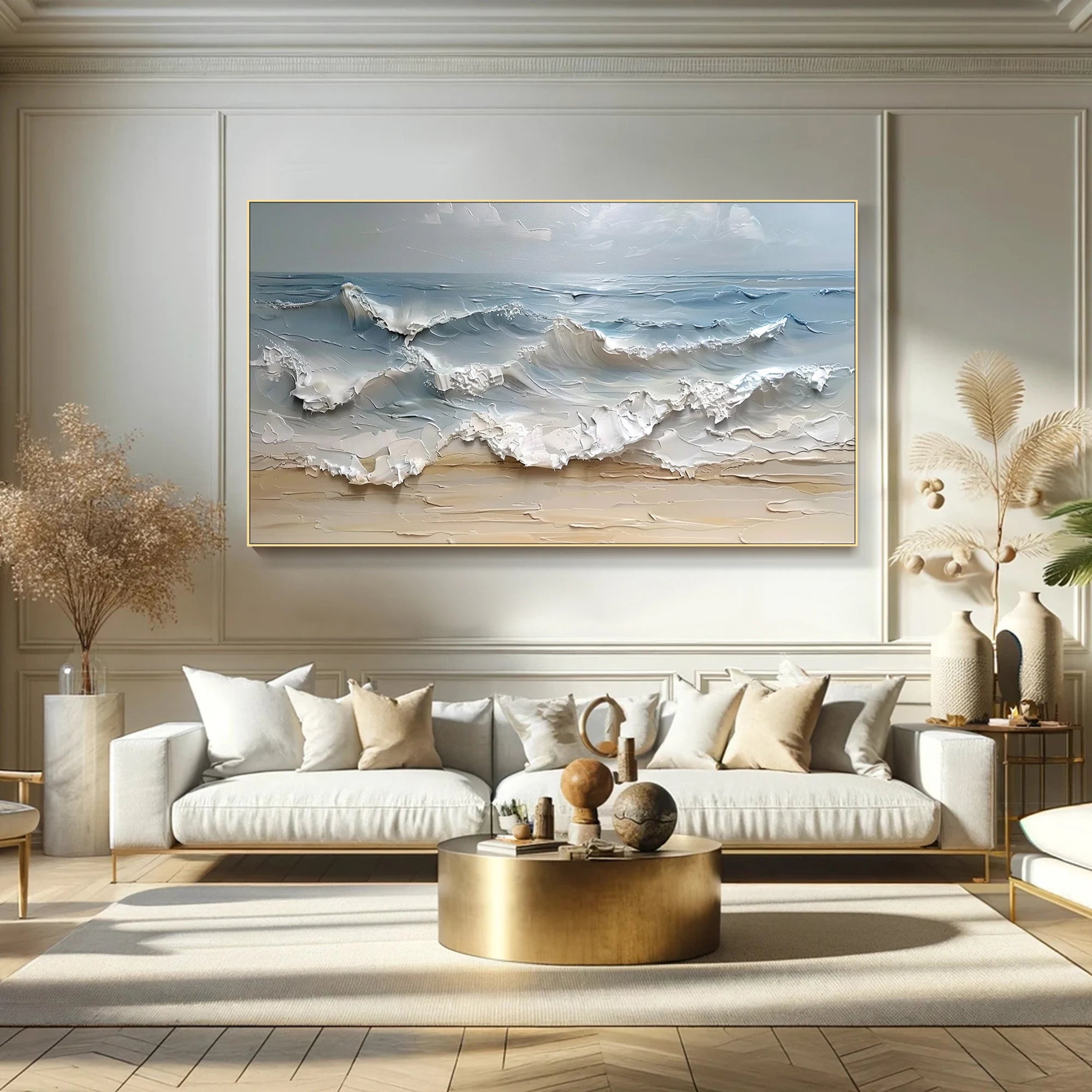 Shoreline Echo – Hand-Painted Creamy Sand Beach Wave Palette Knife Thick Textured Oil Seascape Painting | Contemporary Landscape Living Room & Dining Room Art