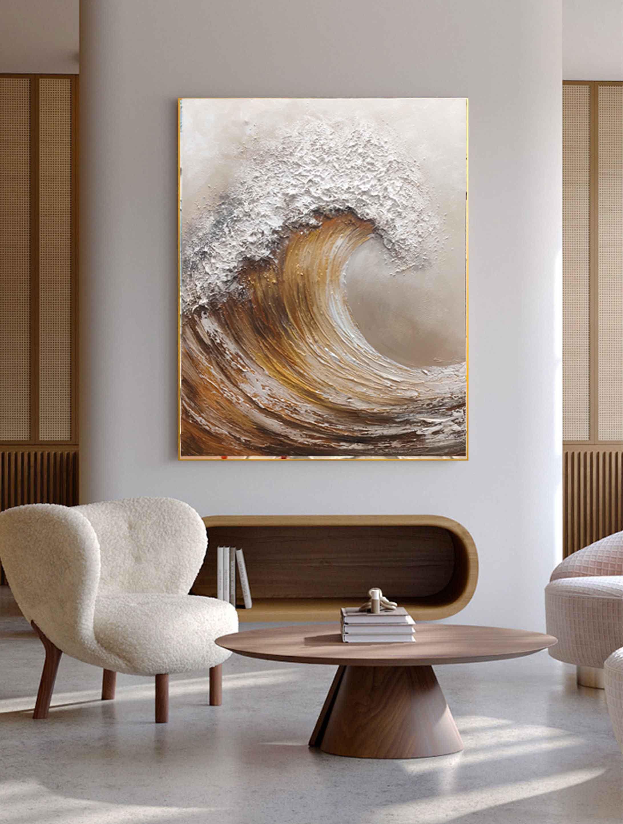 Amber Surge – Modern Creamy Ivory Abstract Heavy Impasto Painting | Contemporary Impasto Palette Knife Living Room Art