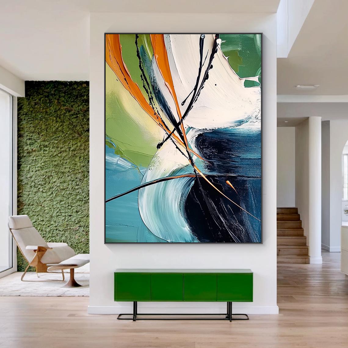 Urban Rhythm – Hand-Painted Modern Teal and Orange Large Brushstroke Abstract Painting | Modern Abstract Living Room & Office Art