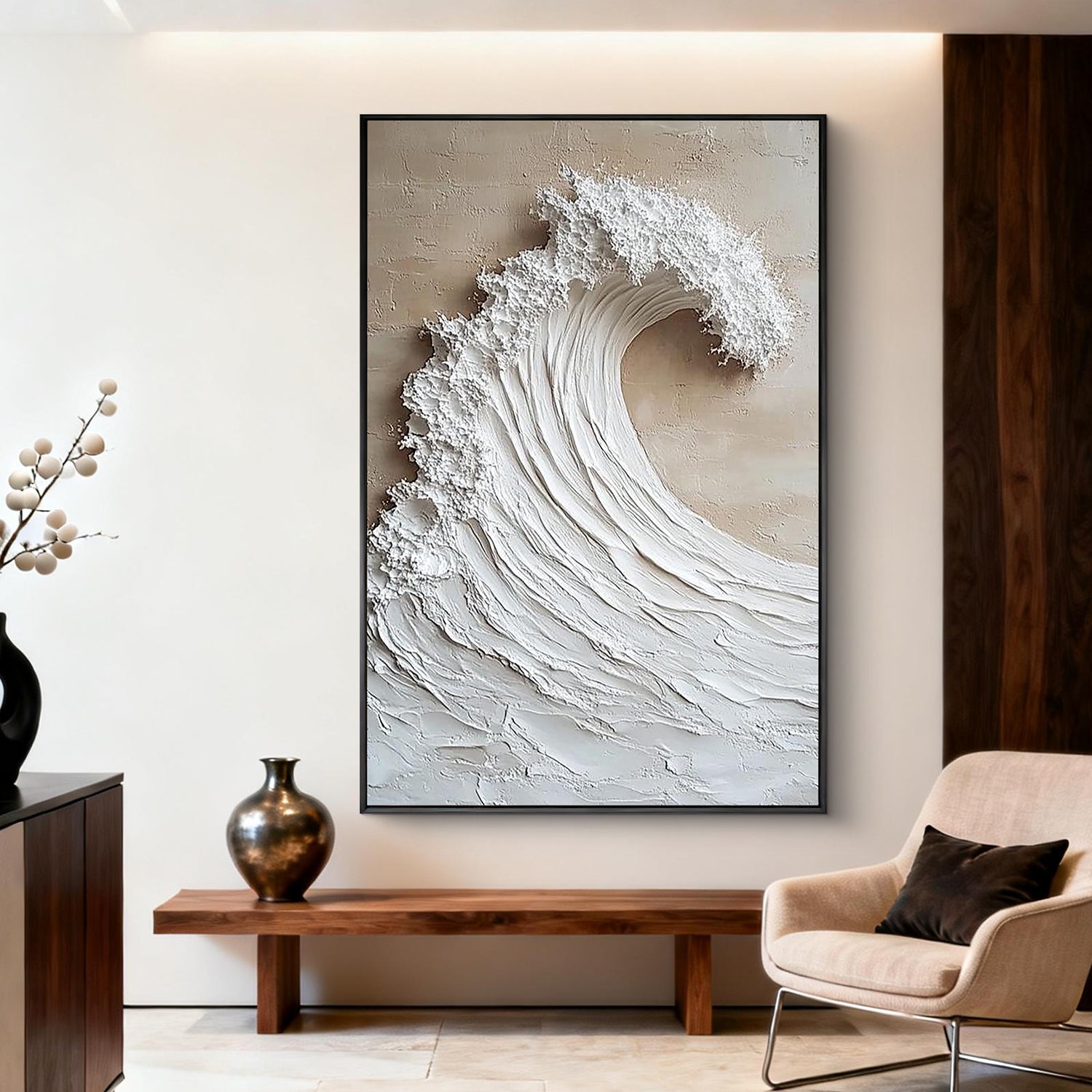 White Crest – Modern Ocean Wave Relief Texture Painting | Coastal Modern Living Room & Bedroom Art