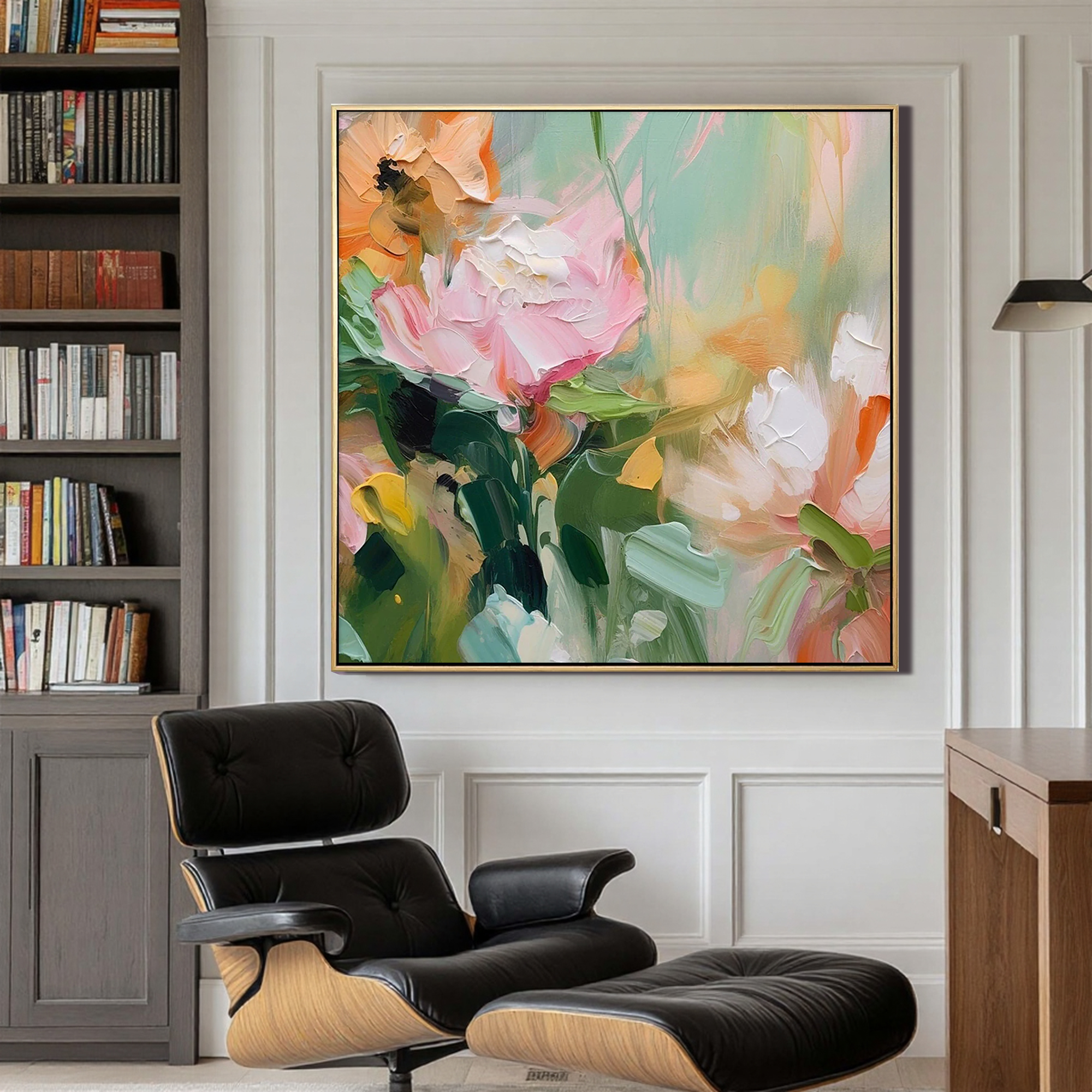 Pastel Whisper – Hand-Painted Impressionist Pink and Sage Green Palette Knife Floral Painting | Tropical Botanical Bedroom & Dining Room Art