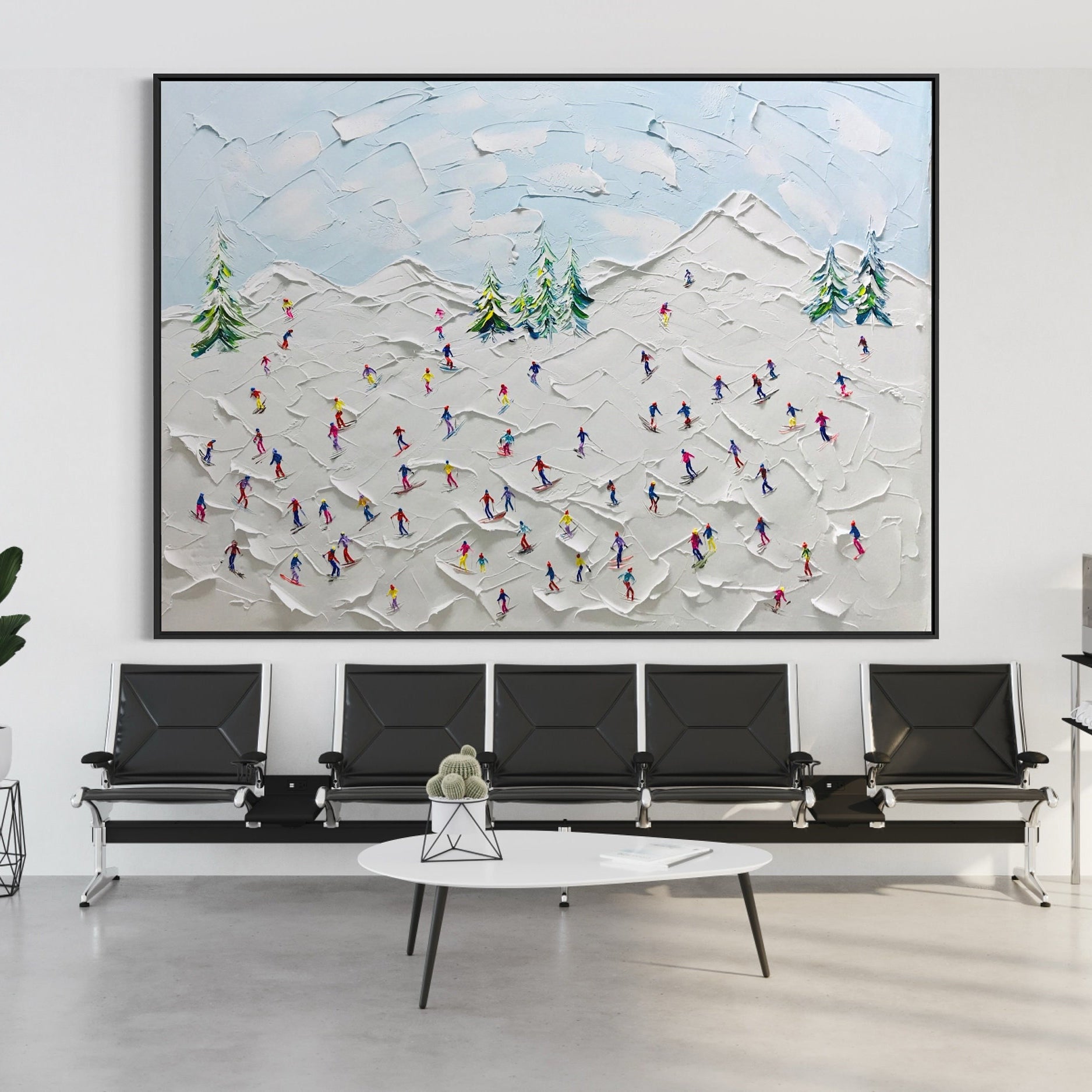 Summit Joy – Modern Heavy Impasto Skiing Oil Painting | Creative Snow Mountain Textured Living Room Art