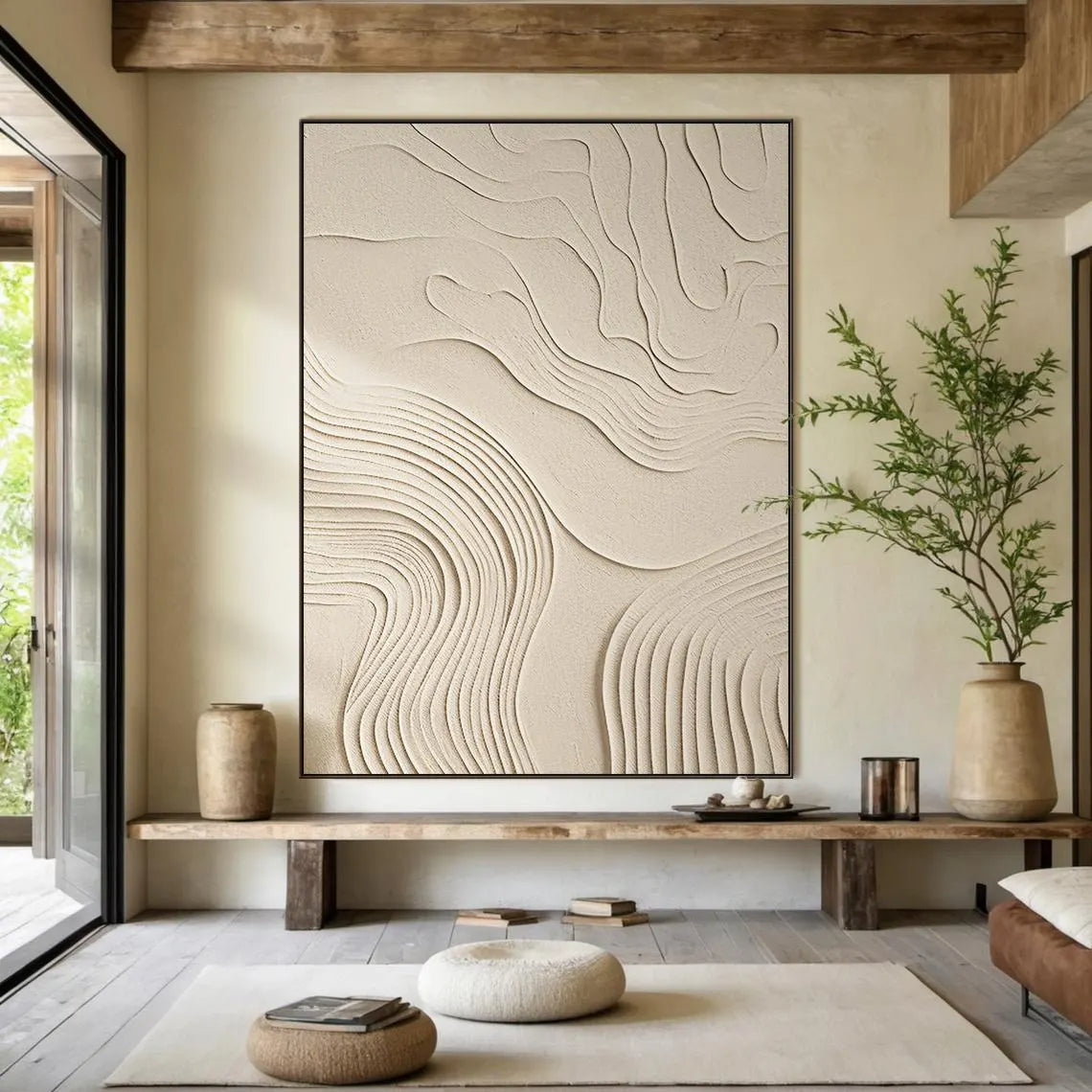 Zen Rhythm – Hand-Painted Minimalist Beige Plaster Effect Relief Wabi-Sabi Painting | Japandi Organic Wabi-Sabi Living Room & Hallway Art