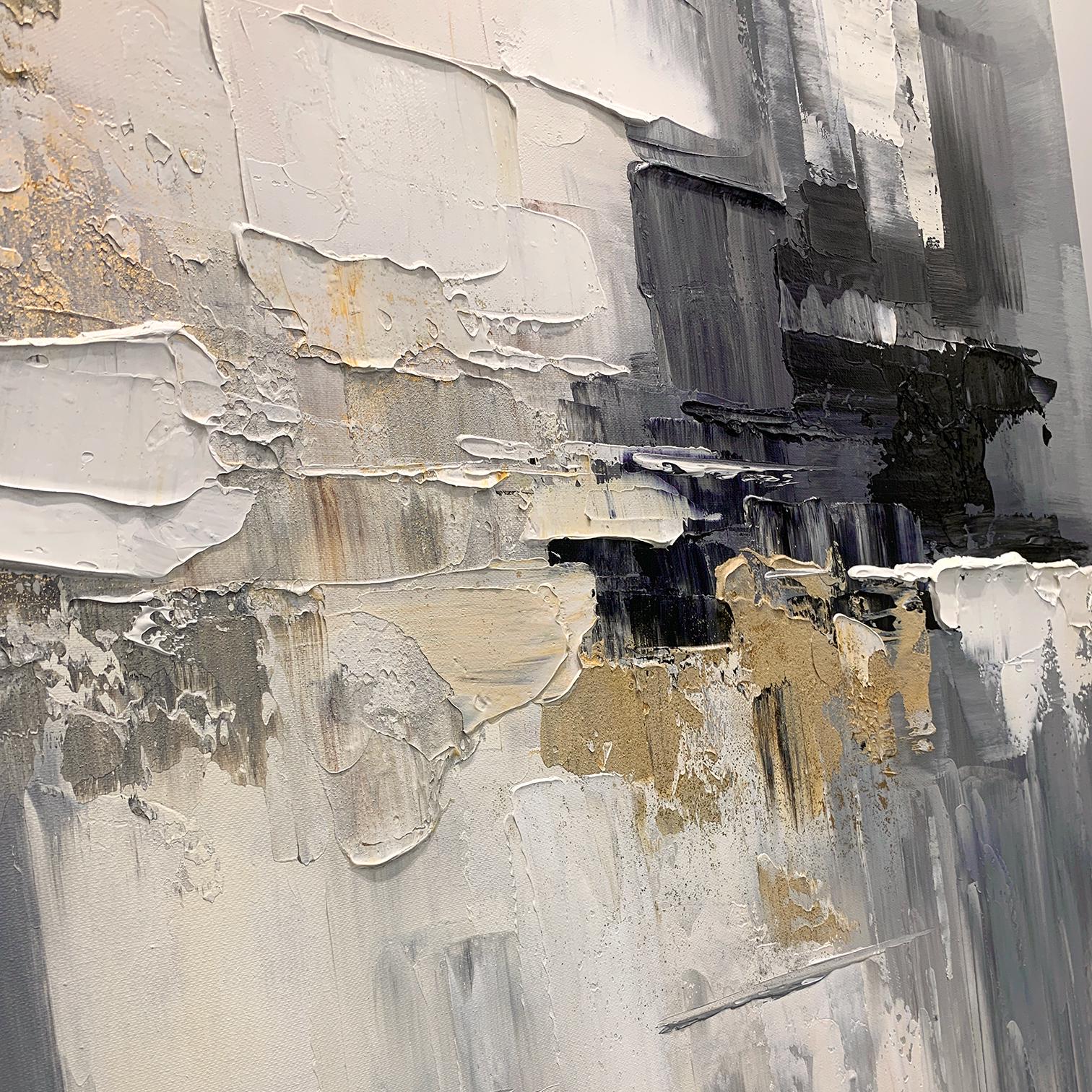 Urban Reflection – Hand-Painted Grey and Gold Foil Palette Knife Abstract Painting | Modern Abstract Living Room & Office Art