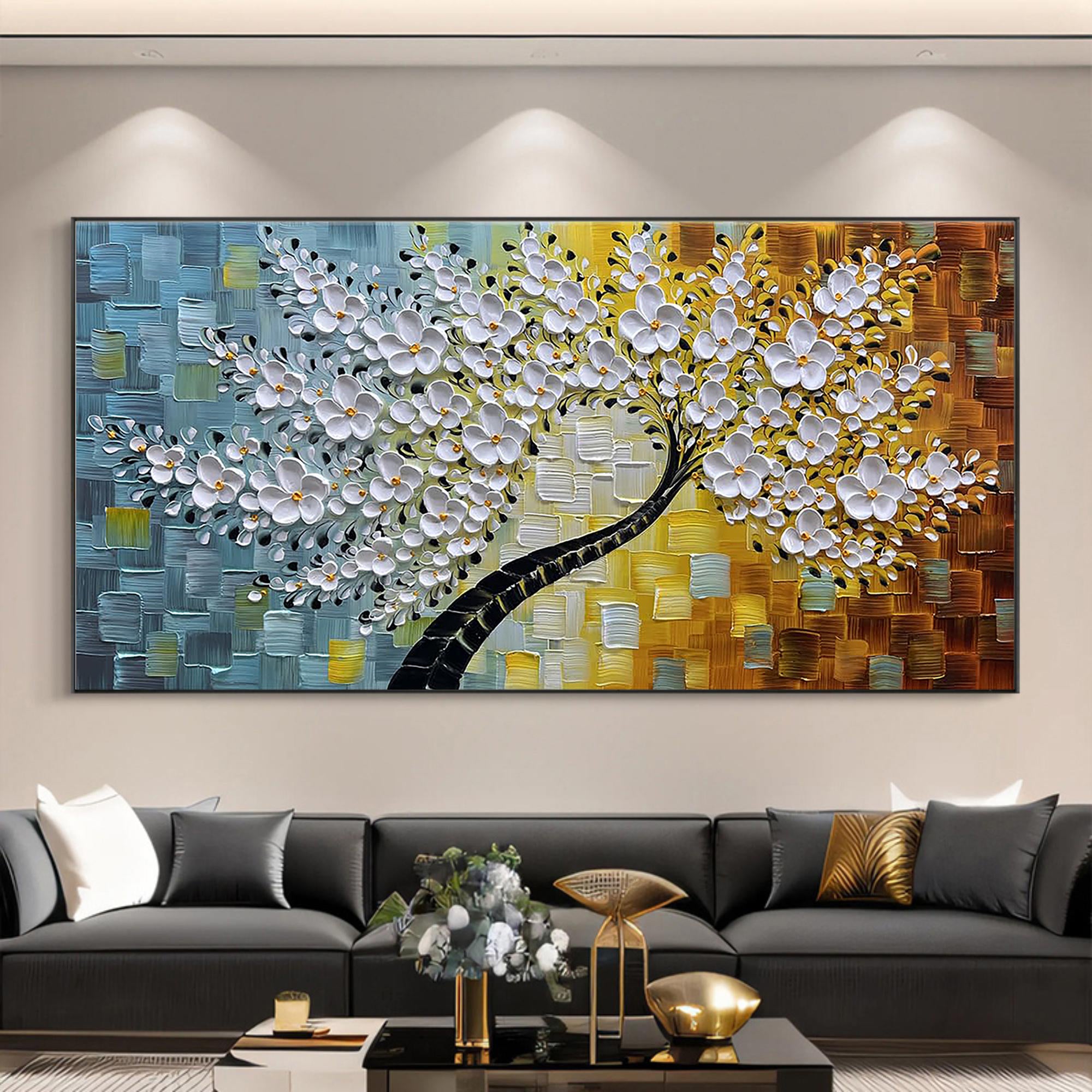 Golden Bloom – White and Amber Relief Tree Floral Painting | Modern Luxury Botanical Bedroom & Living Room Art