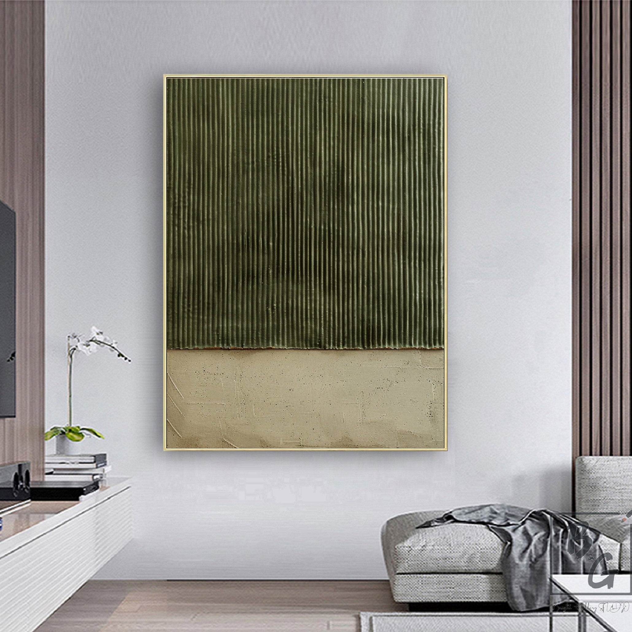 Vertical Zen – Hand-Painted Olive Green Fluted Texture Plaster Effect Abstract Wabi-Sabi Painting | Japandi Wabi-Sabi Living Room & Bedroom Art