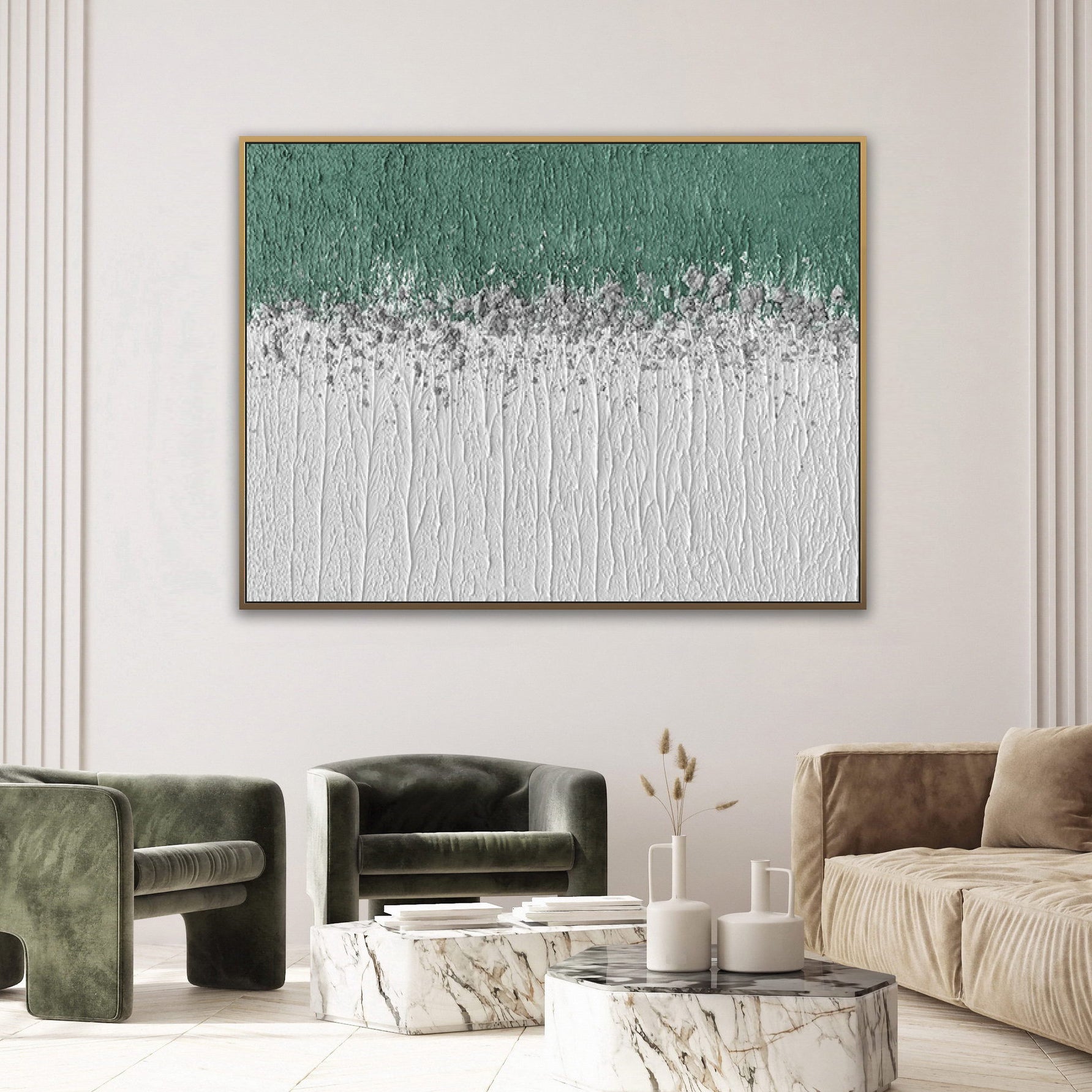 Misty Meadow – Panoramic Linear Texture Art | Heavy Impasto Green & White Abstract Living Room Decor