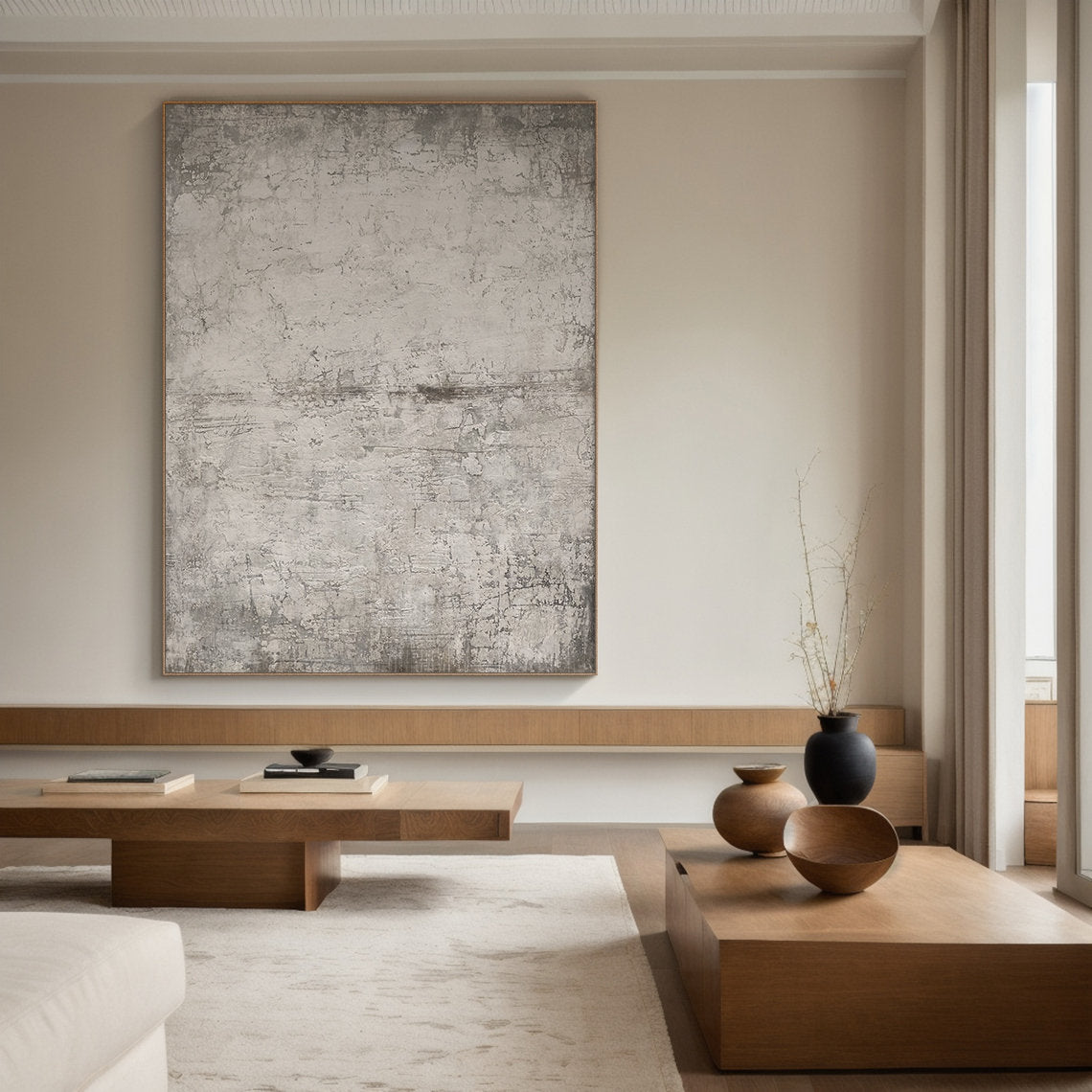 Earthen Vestige – Hand-Painted Distressed Grey Plaster Effect Wabi-Sabi Painting | Japandi Wabi-Sabi Living Room & Bedroom Art