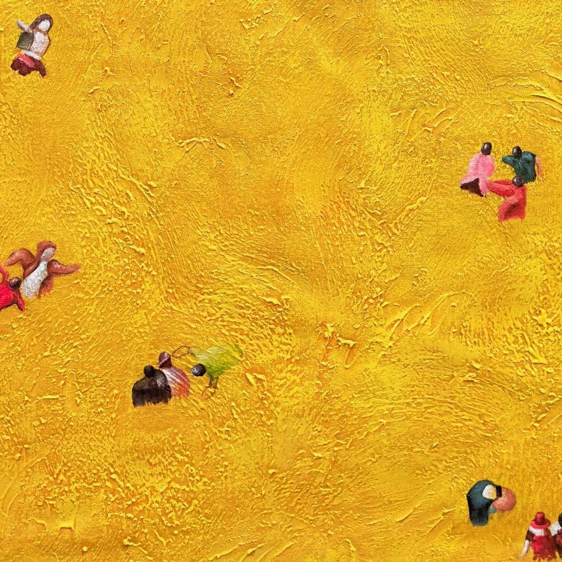 Golden Wanderers – Aerial Mustard-Gold Figures Painting | Contemporary Minimalist Living Room Art