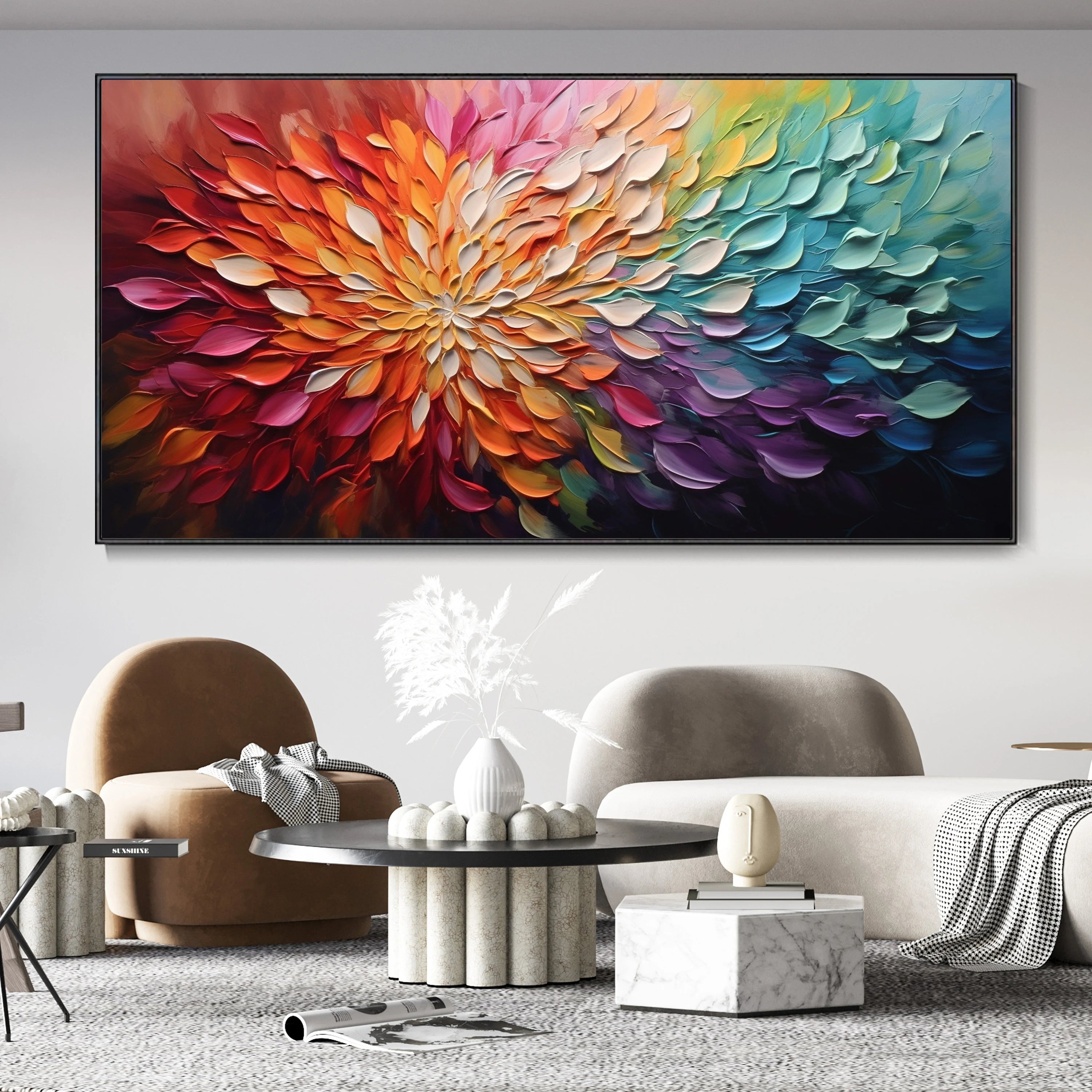 Chrono Bloom – Hand-Painted Multicolored Rainbow Palette Knife 3D Impasto Heavy Texture Oil Abstract Painting | Vibrant Botanical Living Room & Dining Room Art