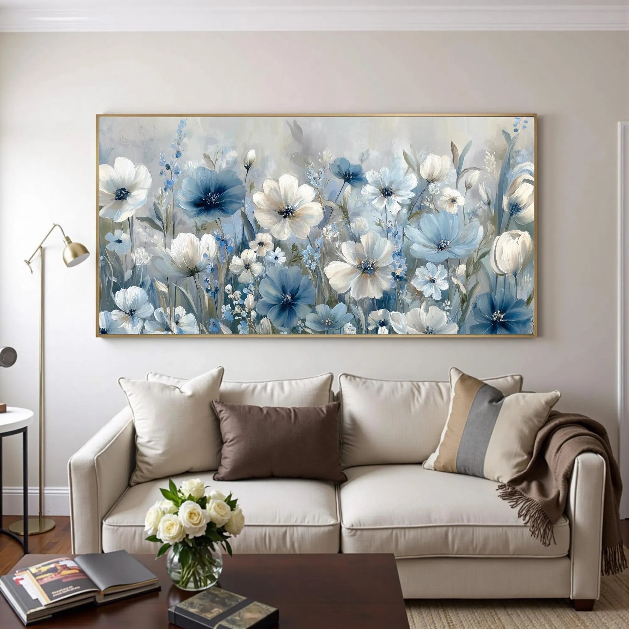 COASTAL BLOOM: Panoramic 3D Heavy Texture Botanical Wall Art, Soft Blue & White Floral Relief