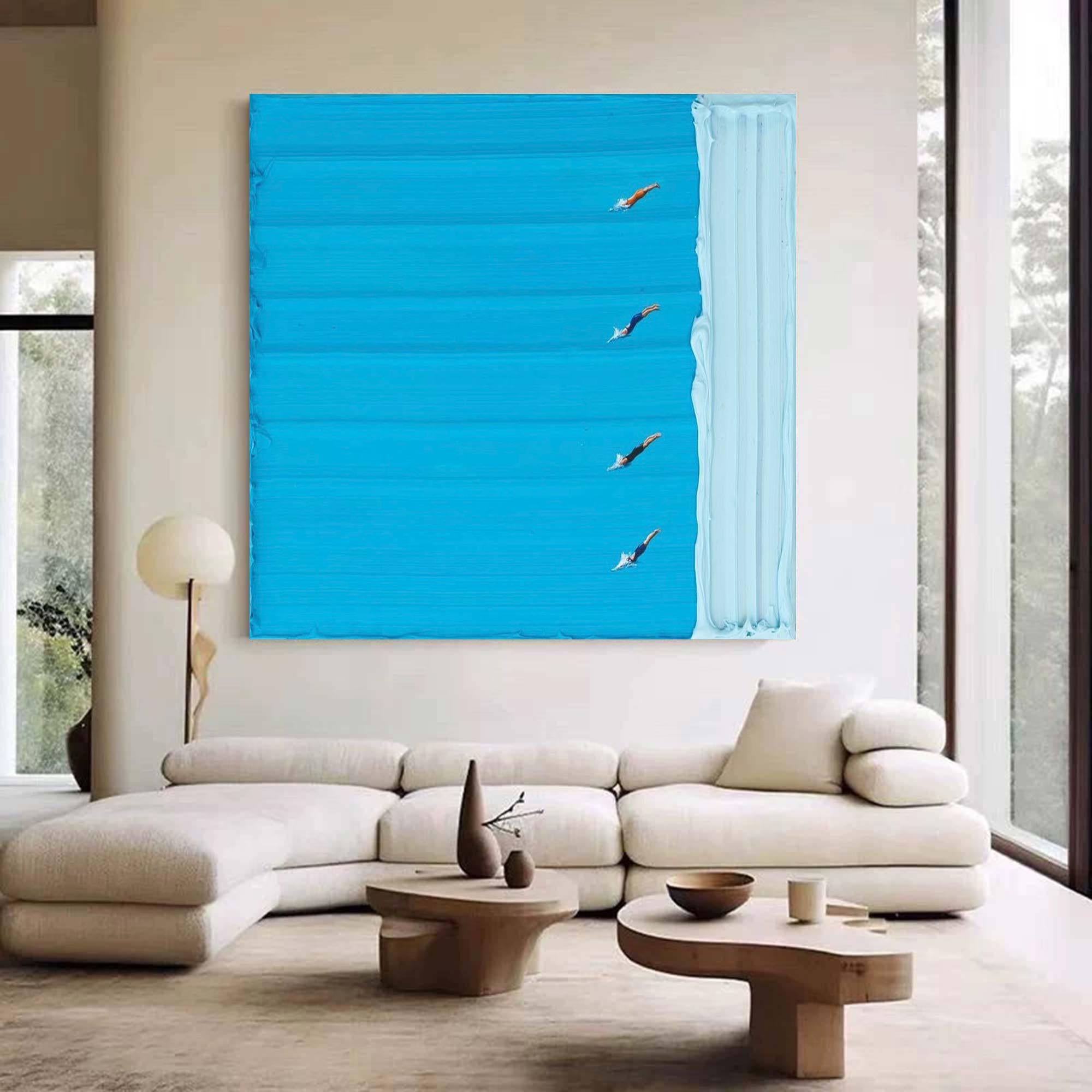 Azure Lane – Hand-Painted Minimalist Swimming Pool with Figures Sport Painting | Contemporary Expressionist Living Room & Office Art