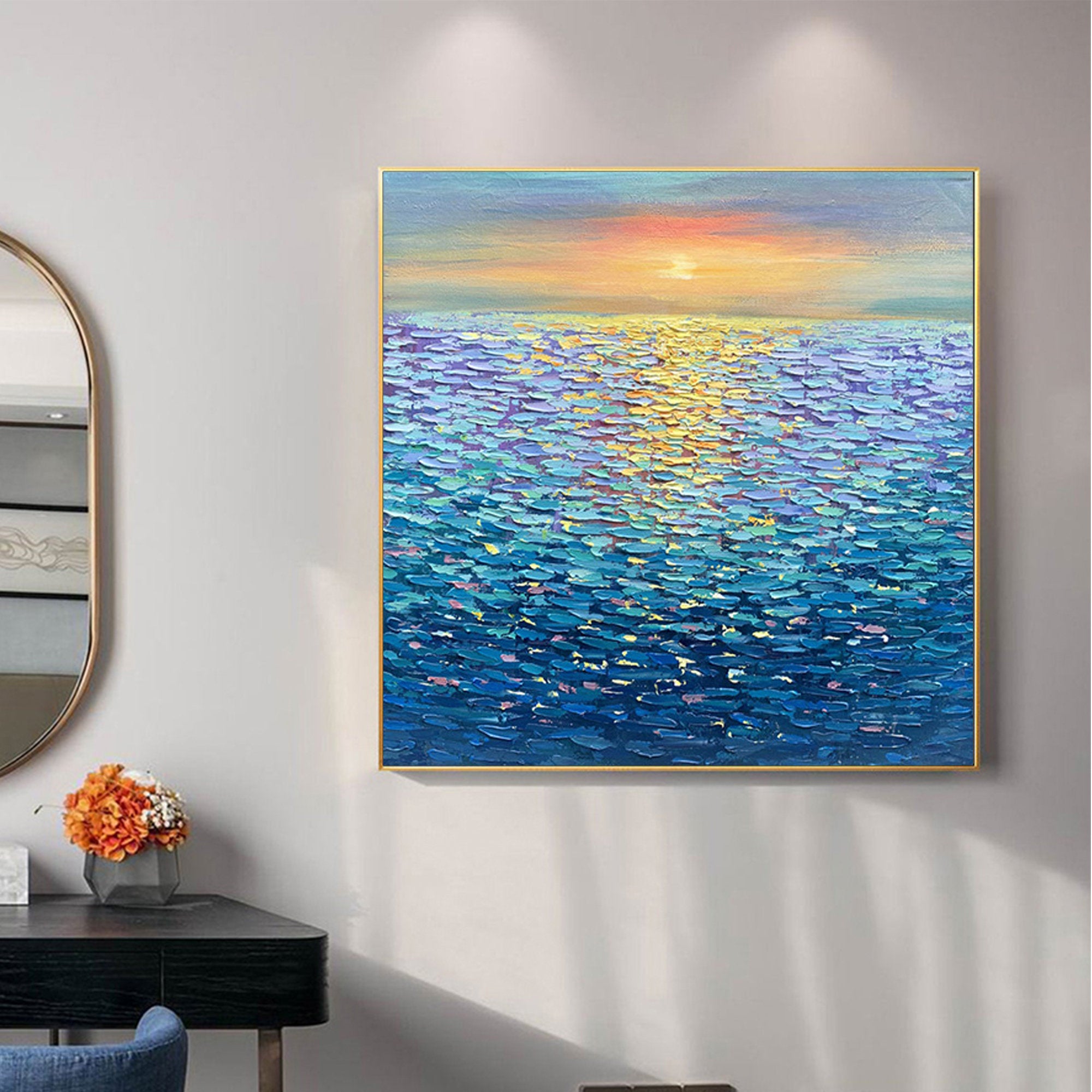 OCEAN GLOW: Square 3D Heavy Texture Seascape Wall Art, Modern Sunset Reflection Impasto