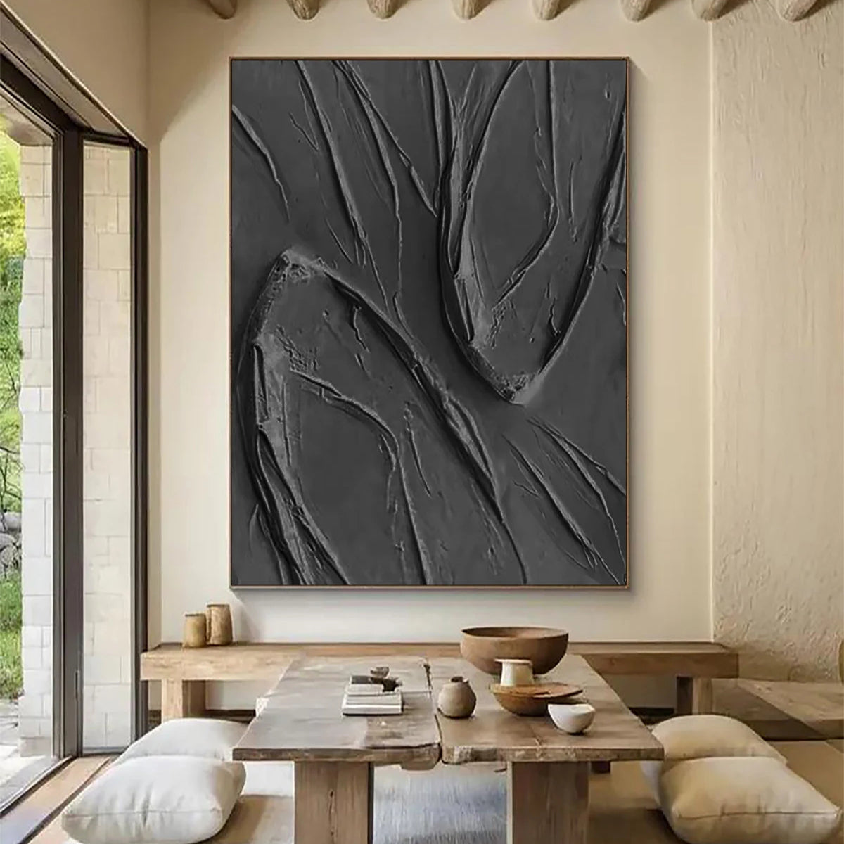 ONYX RIPPLE: Texture Wall Art, Hand-Painted All-Black Minimalist 3D Impasto Palette Knife Heavy Texture Gallery Art