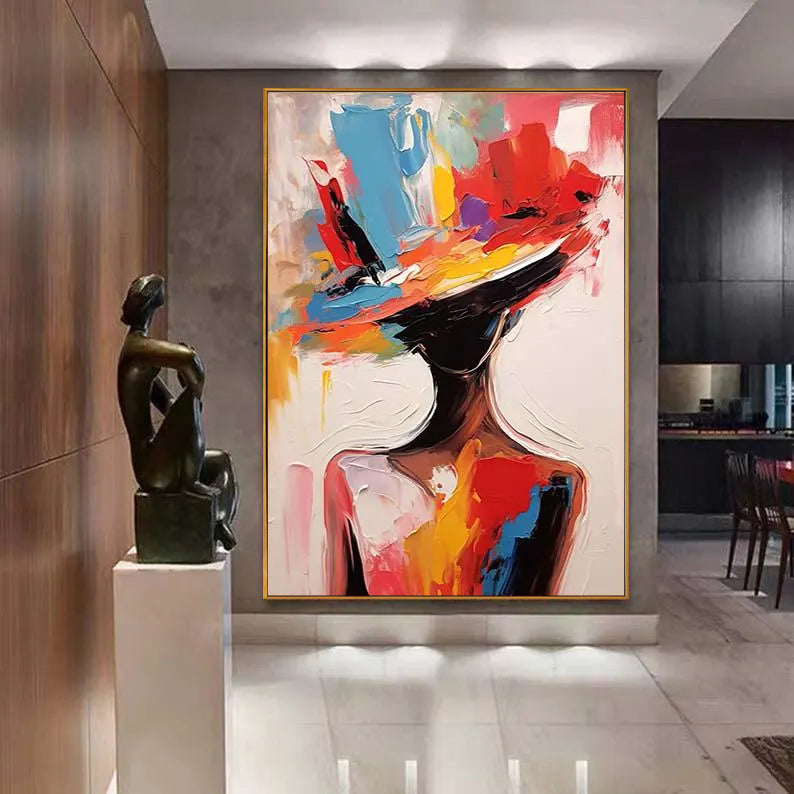 VIVID RADIANCE: Abstract Expressionist Lady in Hat, Bold Palette Knife Portrait Art