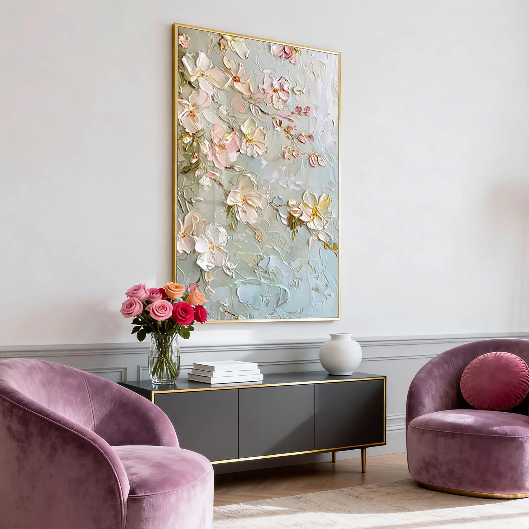 Silver Petals – Hand-Painted Grey and Soft Pink Cherry Blossom 3D Relief Plaster Floral Painting | Contemporary Botanical Bedroom & Living Room Art