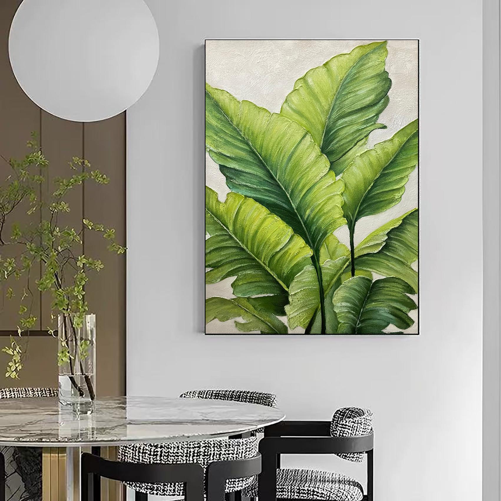 Emerald Breeze – Hand-Painted Emerald Green Tropical Leaf 3D Floral Painting | Tropical Botanical Bedroom & Dining Room Art