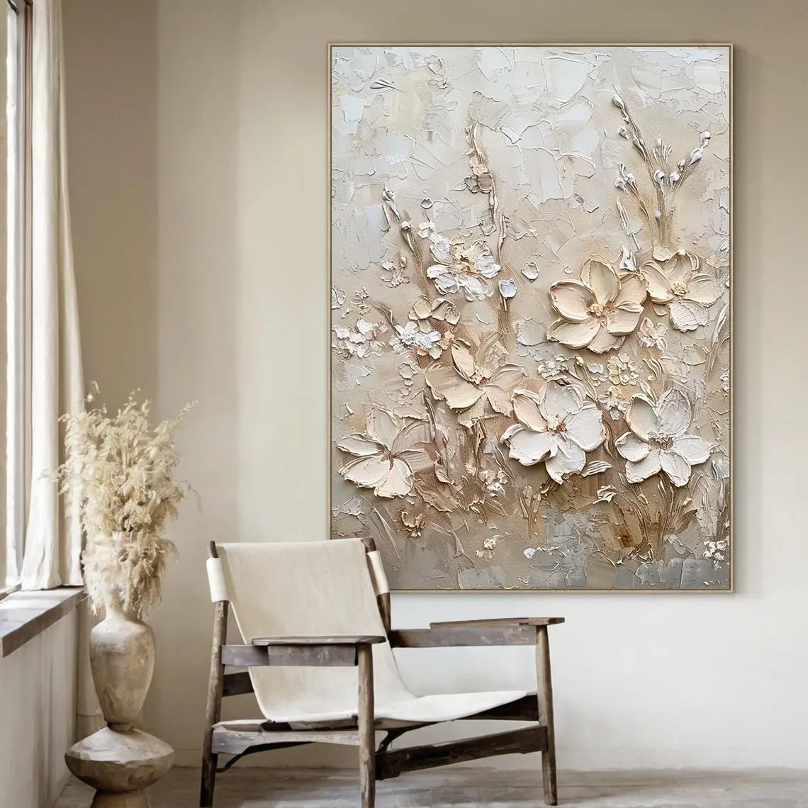 Ivory Blossoms – 3D Impasto Creamy White Floral Hand-Painted Plaster Effect Floral Painting | Soft Organic Botanical Bedroom & Living Room Art
