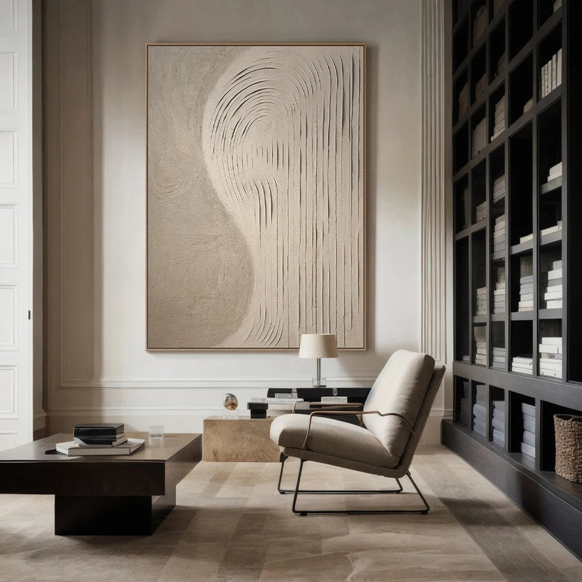 Organic Curve – Hand-Painted Neutral Beige S-Shape Plaster Relief Wabi-Sabi Painting | Japandi Organic Wabi-Sabi Living Room & Hallway Art