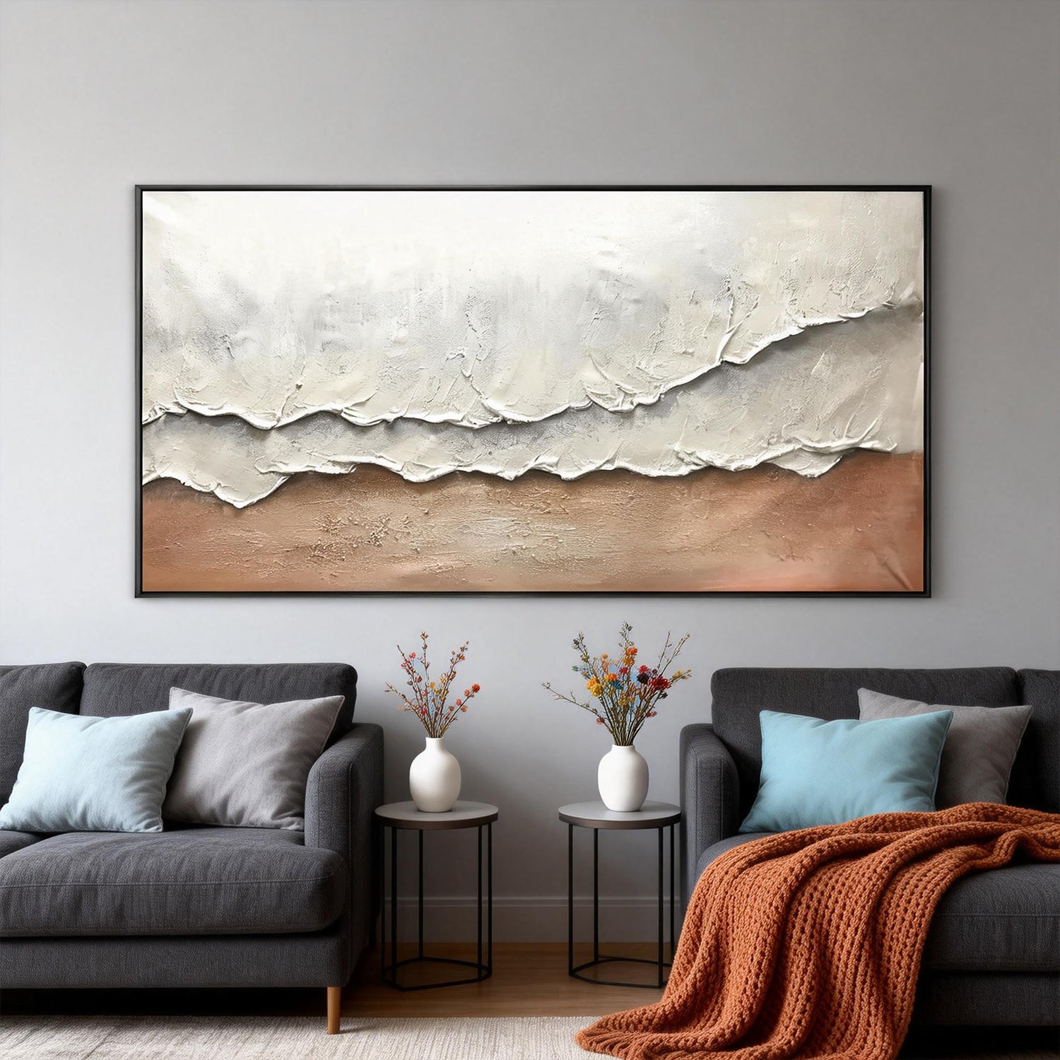 Whispering Sands – Modern Minimalist Creamy Ocean Wave Painting | Wabi-Sabi Textured Living Room Art