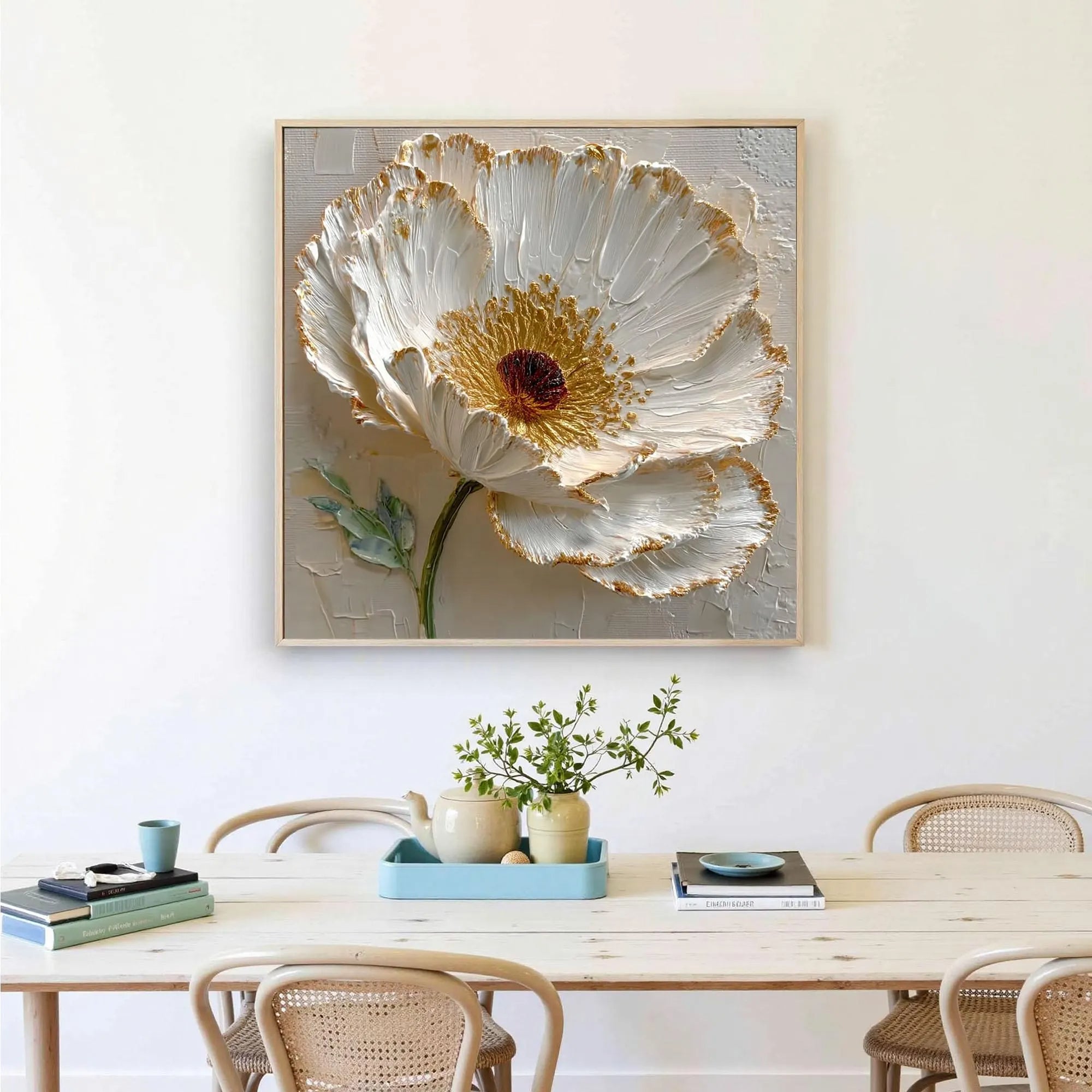 Gilded Petals – Hand-Painted White Blossom 3D Relief Heavy Texture Gold Rim Floral Painting | Modern Luxury Botanical Bedroom & Living Room Art