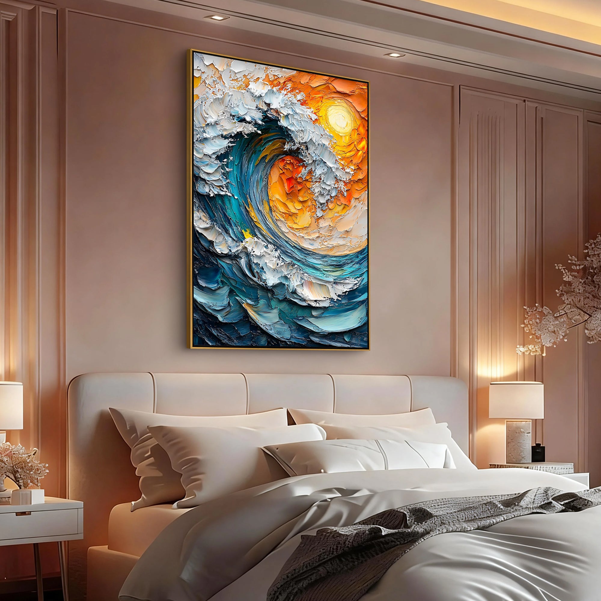 Solar Wave – Hand-Painted Sunset Orange and Teal Blue 3D Palette Knife Nature Painting | Modern Abstract Living Room & Office Art