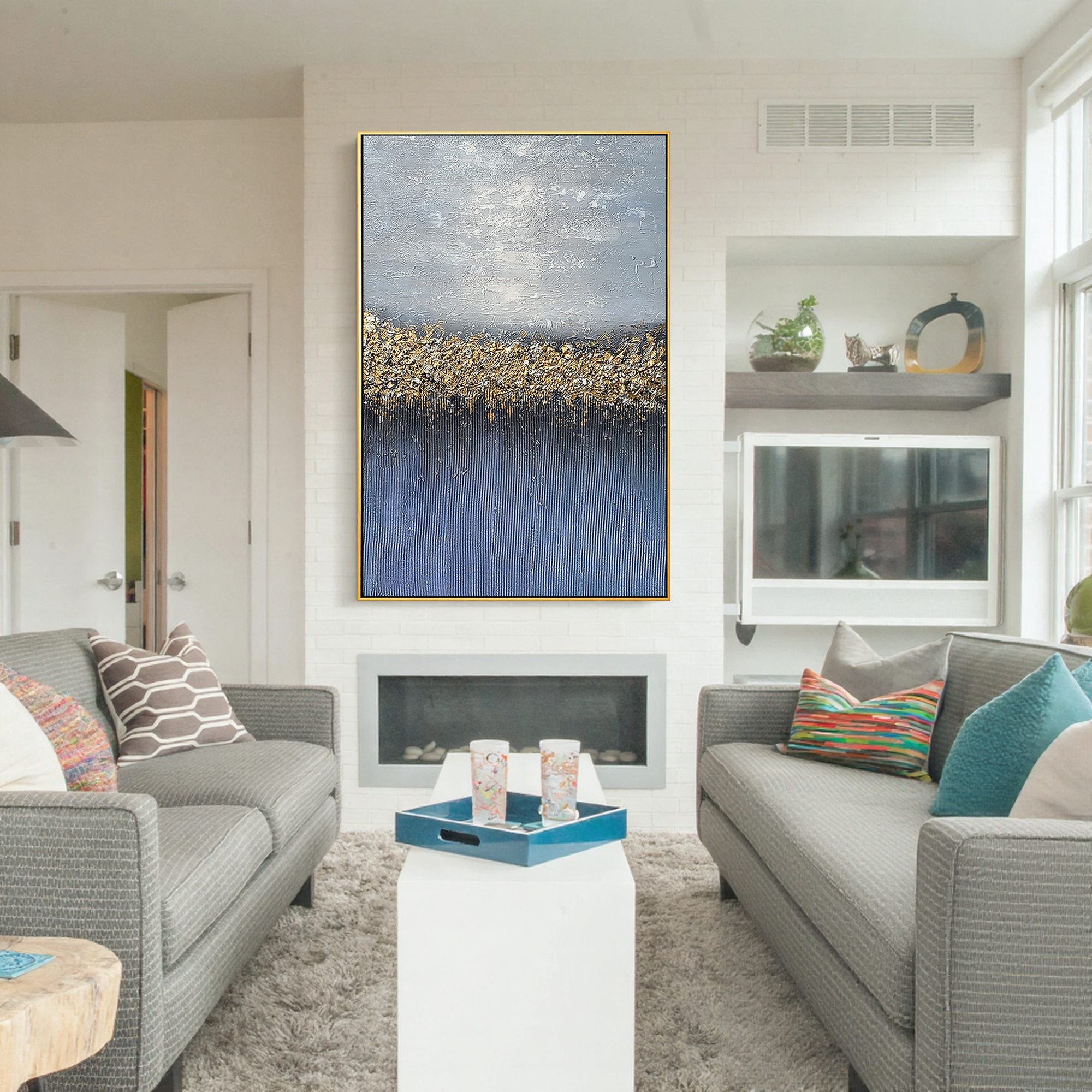 Galactic Reflection – Hand-Painted Navy Blue and Gold Foil Starry Sky 3D Plaster Effect Texture Painting | Coastal Modern Living Room & Bedroom Art