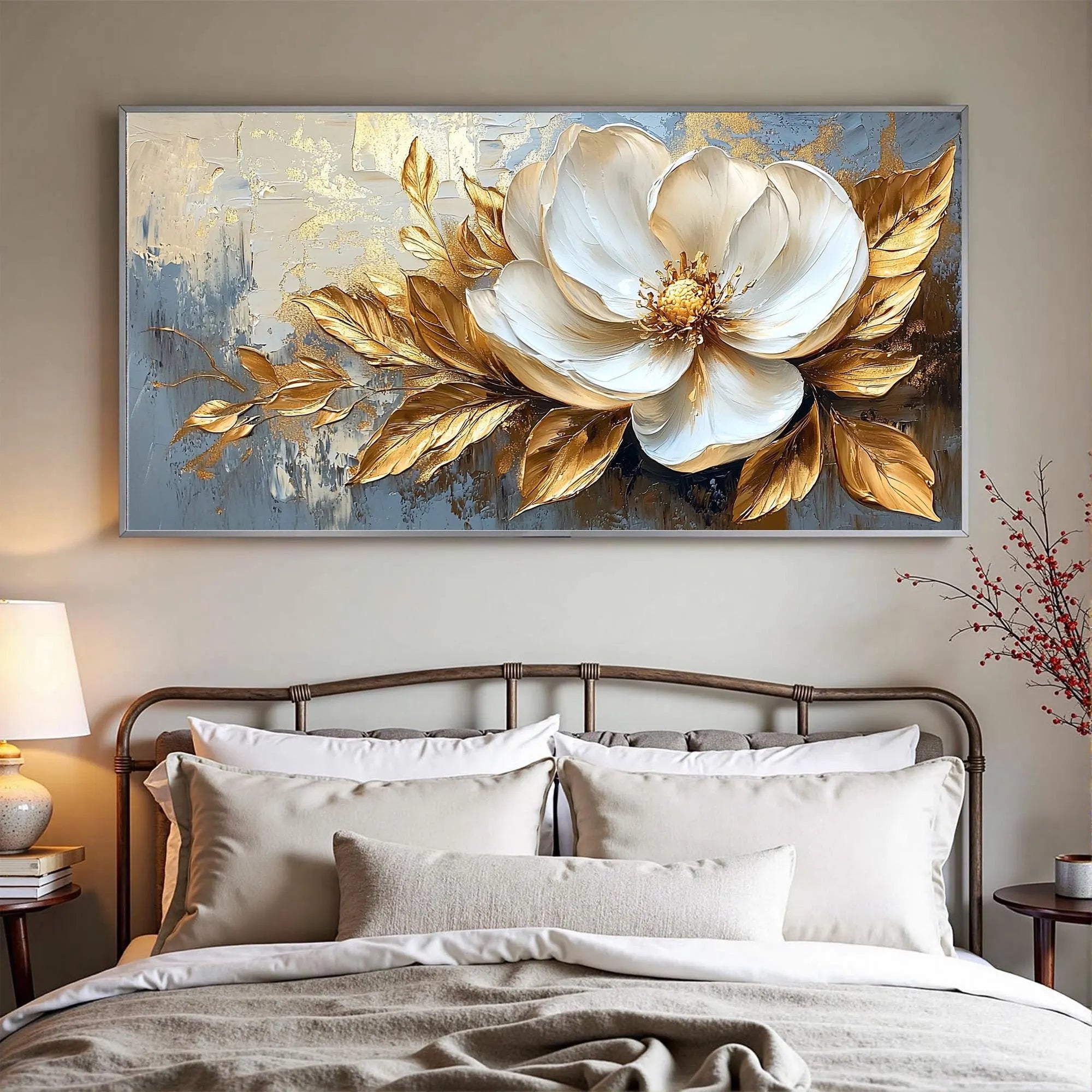 Golden Magnolia – Luxury Gold Leaf 3D Magnolia Hand-Painted Floral Painting | Modern Luxury Botanical Bedroom & Living Room Art