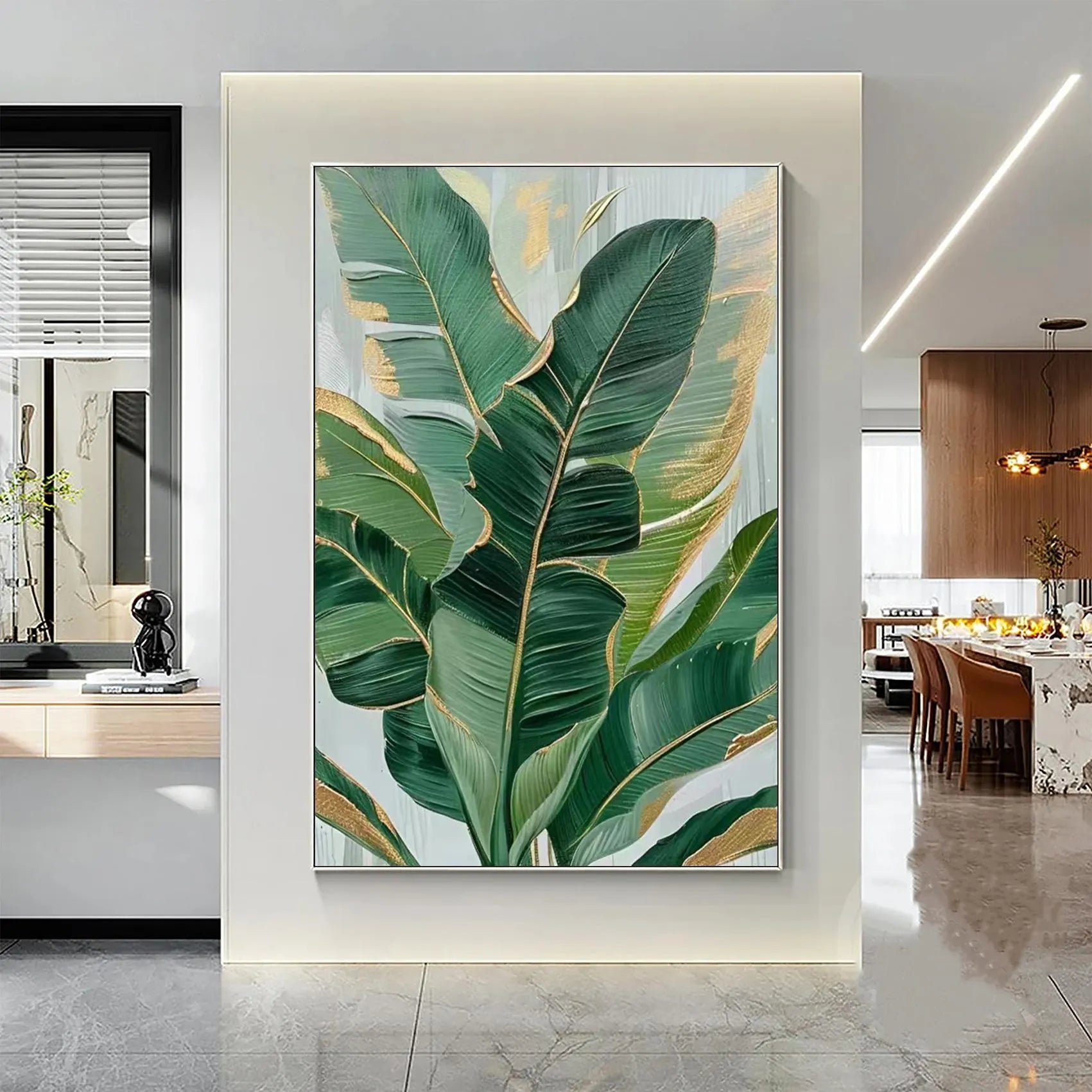 Emerald Whispers – Center Focus Botanical Relief with Gold Edges Texture Painting | Modern Luxury Botanical Living Room Wall Decor