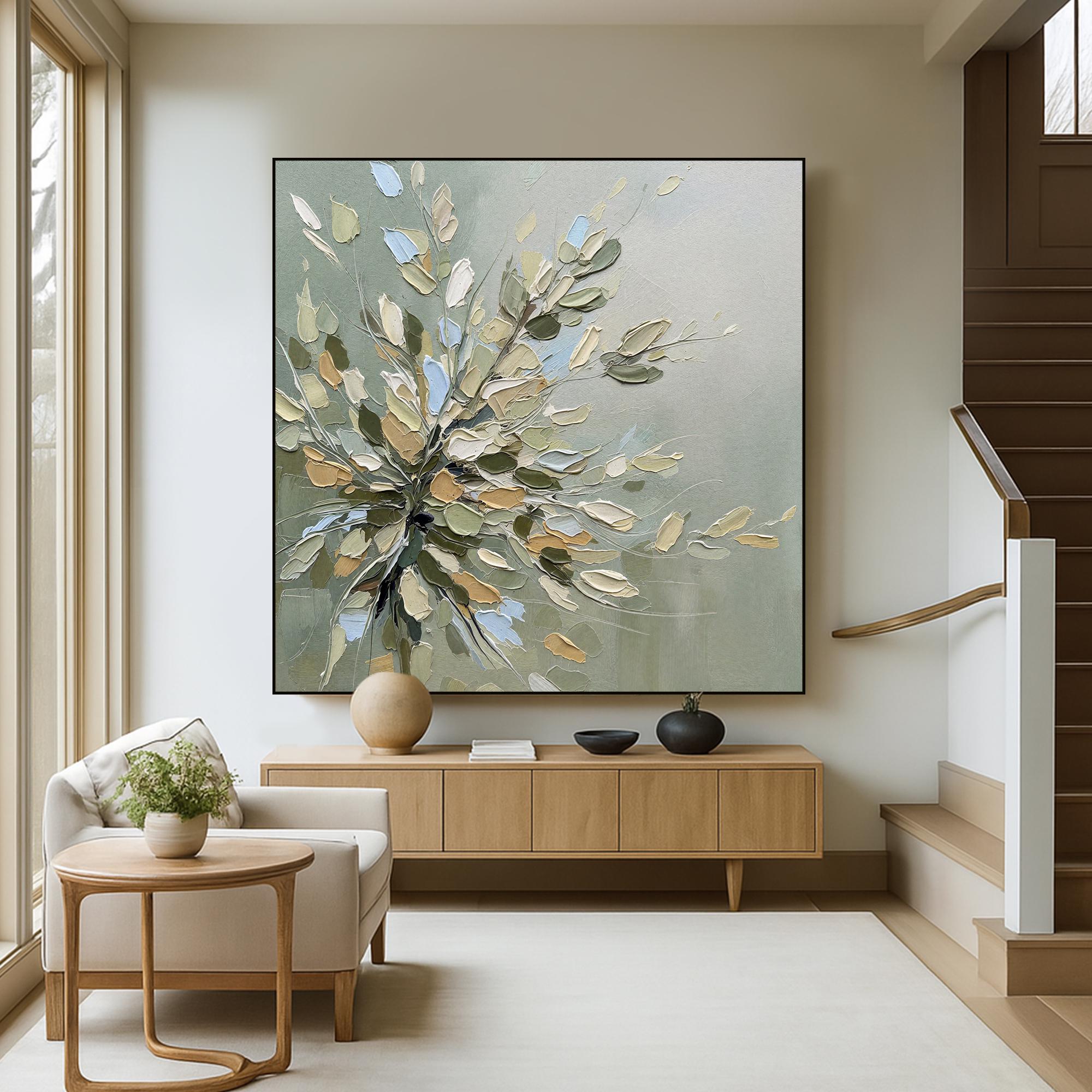 Sage Petals – Hand-Painted Sage Green 3D Impasto Blossom Floral Painting | Tropical Botanical Bedroom & Dining Room Art