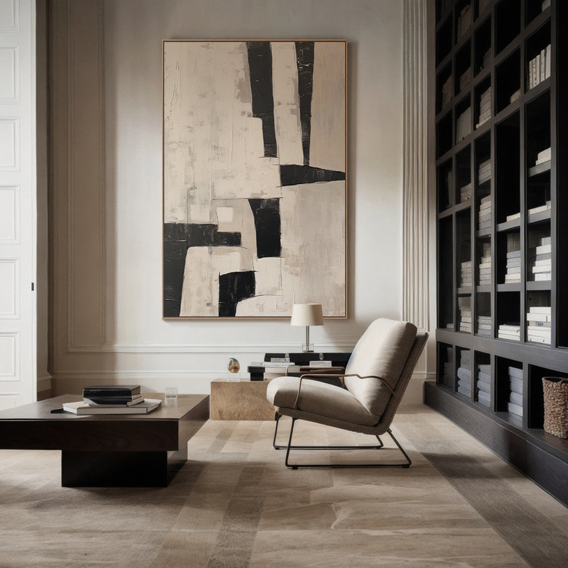 Urban Contour – Hand-Painted Charcoal Grey and Beige Geometric Block Abstract Painting | Industrial Abstract Home Office & Living Room Art