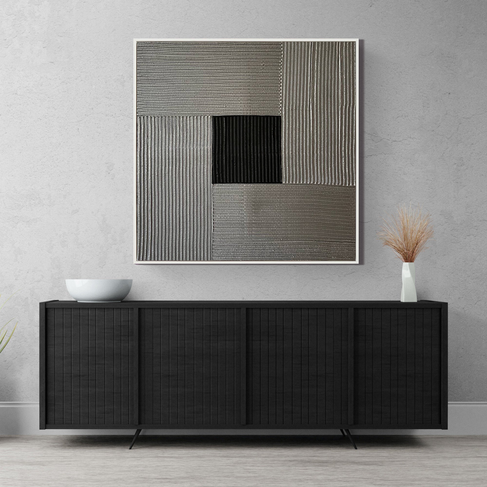 Silent Geometry – Minimalist Grey Palette Knife Layered Wabi-Sabi Painting | Japandi Wabi-Sabi Living Room & Bedroom Art