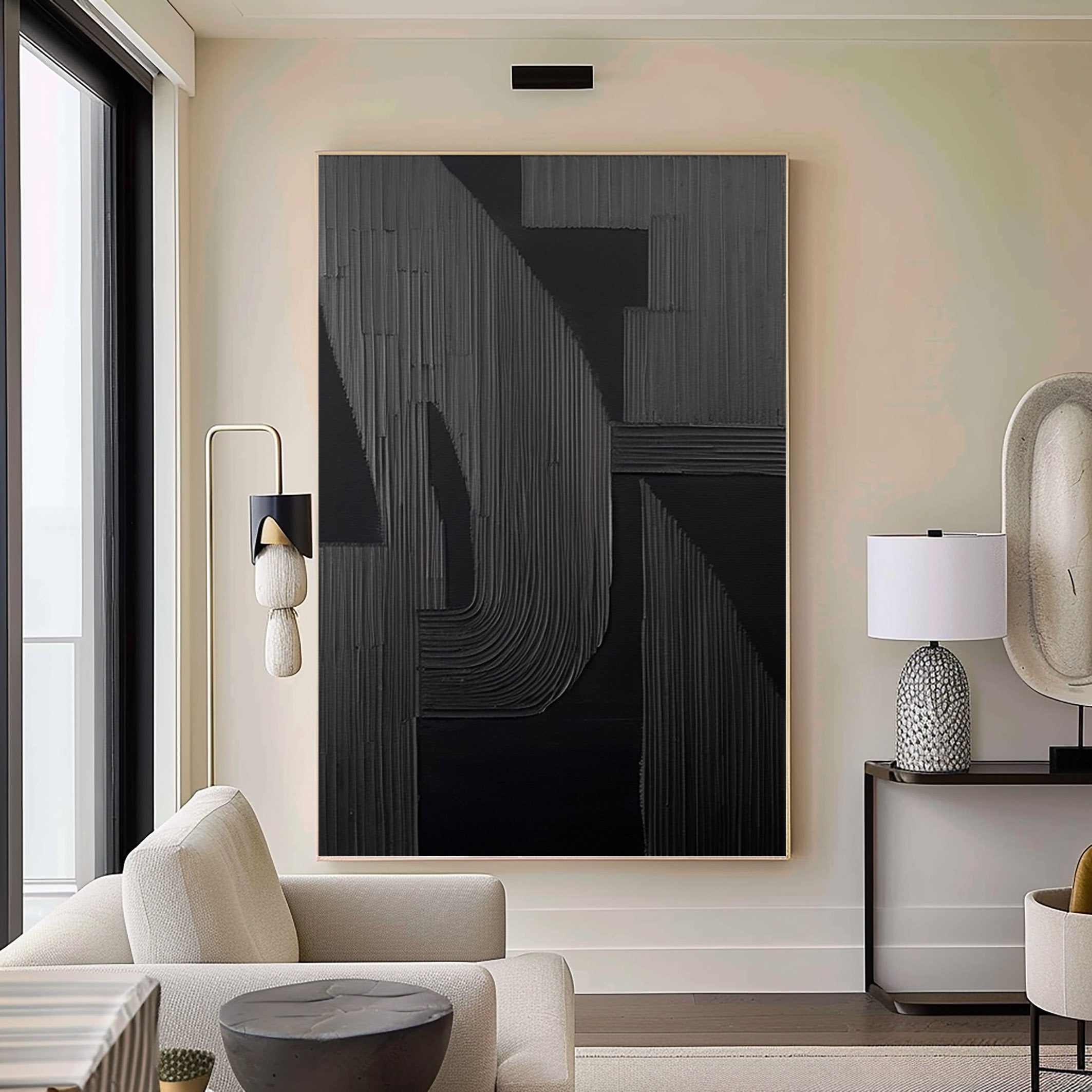 Shadow Arch – Hand-Painted Matte Black Fluted Texture 3D Relief Wabi-Sabi Painting | Japandi Wabi-Sabi Living Room & Bedroom Art