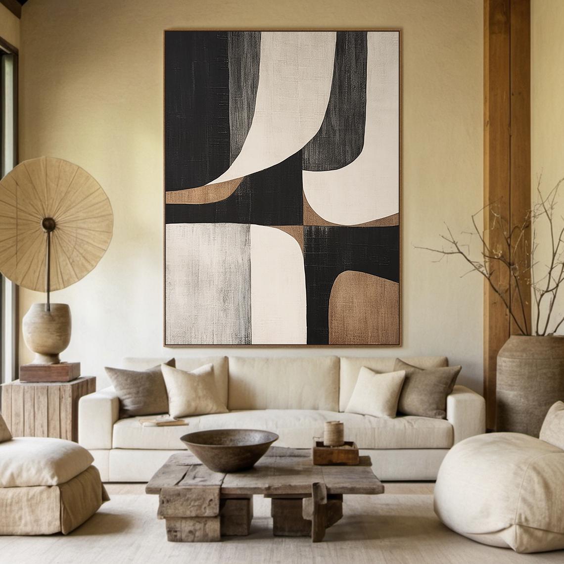 Balanced Geometric – Hand-Painted Black and Beige Minimalist Shapes Wabi-Sabi Painting | Japandi Organic Wabi-Sabi Living Room & Hallway Art