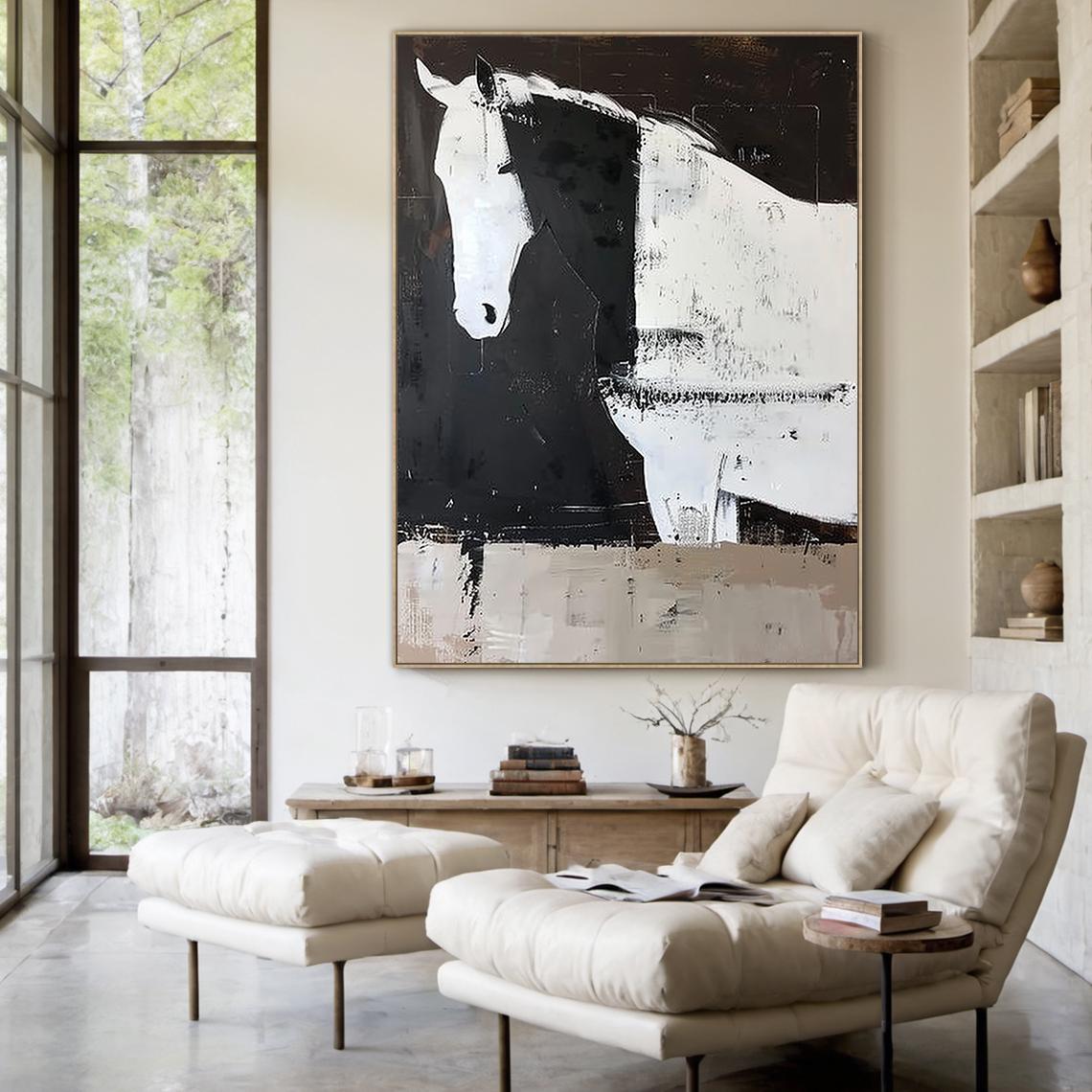 Silent Solitude – Modern Minimalist Black and White Horse Painting | Contemporary Textured Living Room  Art