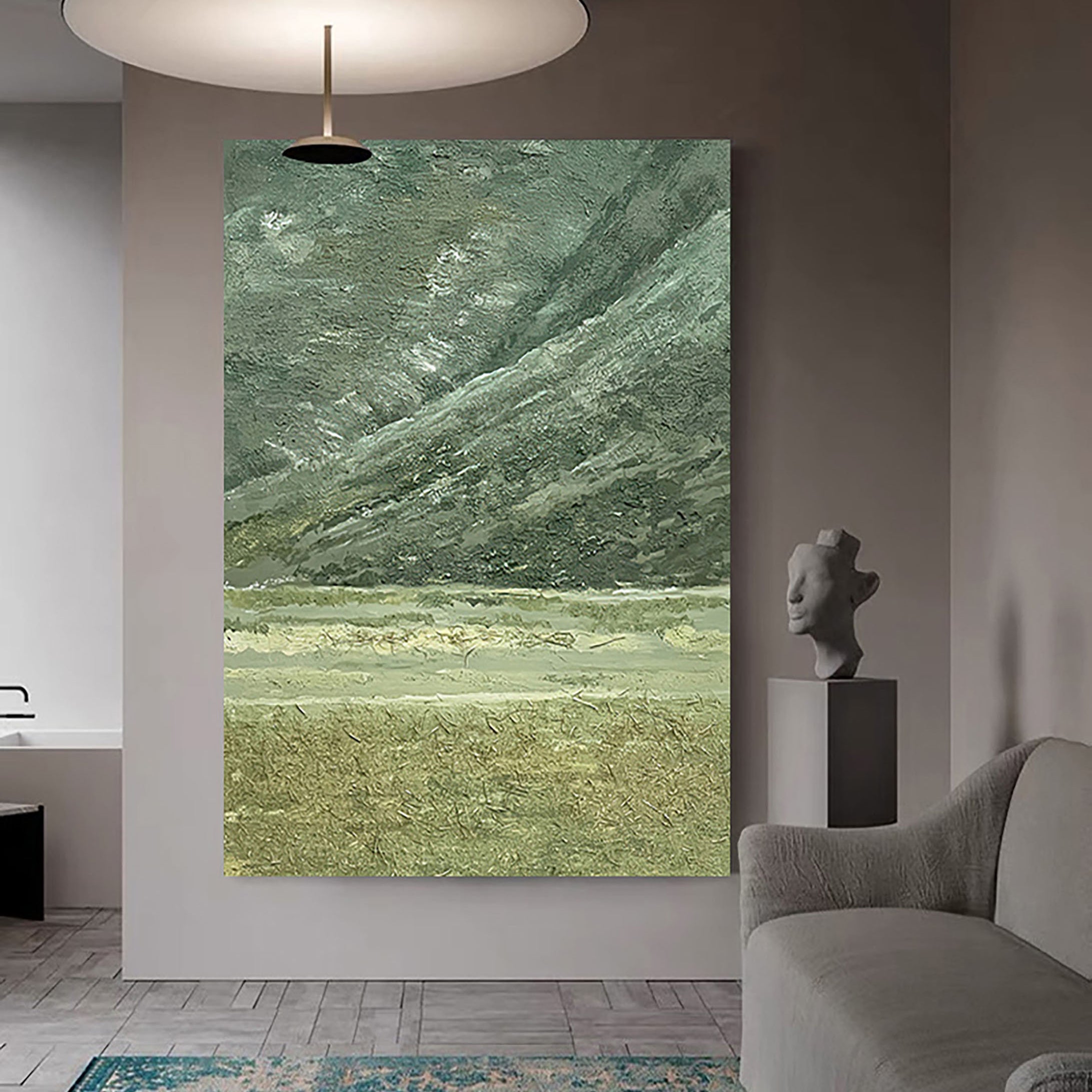 Moss Strata – Hand-Painted Sage Green Plaster Effect Layered Wabi-Sabi Painting | Japandi Wabi-Sabi Living Room & Bedroom Art
