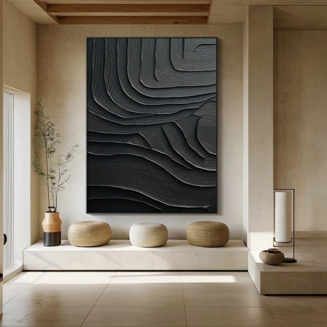 Obsidian Strata – Hand-Painted All-Black Organic Wave Plaster Effect Texture Painting | Modern Industrial Plaster Home Office & Living Room Art